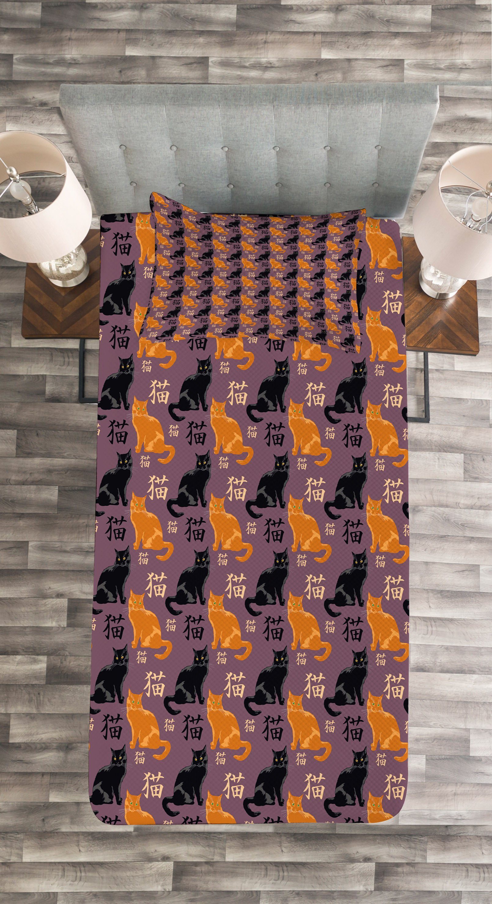 Waschbar, Kissenbezügen Tagesdecke mit Abakuhaus, Set Katze japanische Katzen-Liebhaber-Muster