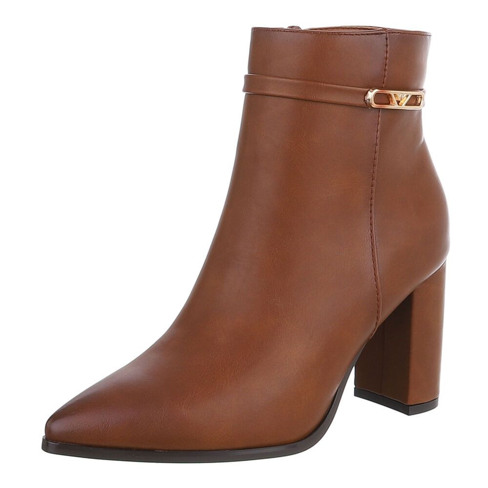 Ital-Design Damen Stiefelette mit Blockabsatz und Riemendetail High-Heel-Stiefelette (92269261) Blockabsatz Stiefeletten in Camel