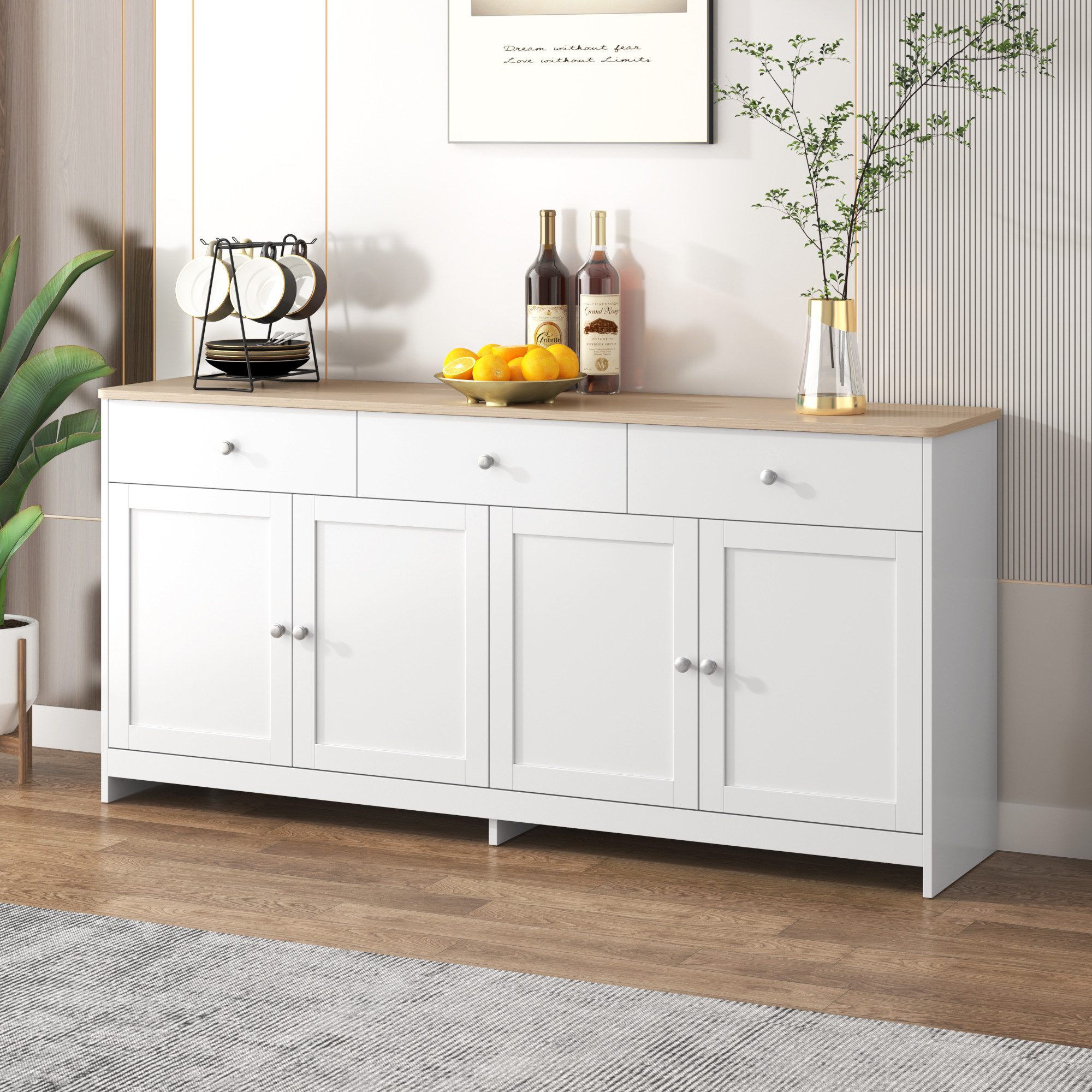 STILVORA Sideboard mit Schubladen,Beistellschrank Aufbewahrungsschrank mit Regalböden (mit weißer Holzmaserung, vier Türen, mit drei Schubladen, 1 St., Wohnzimmer, Esszimmer. Holzfarbe und Weiß)