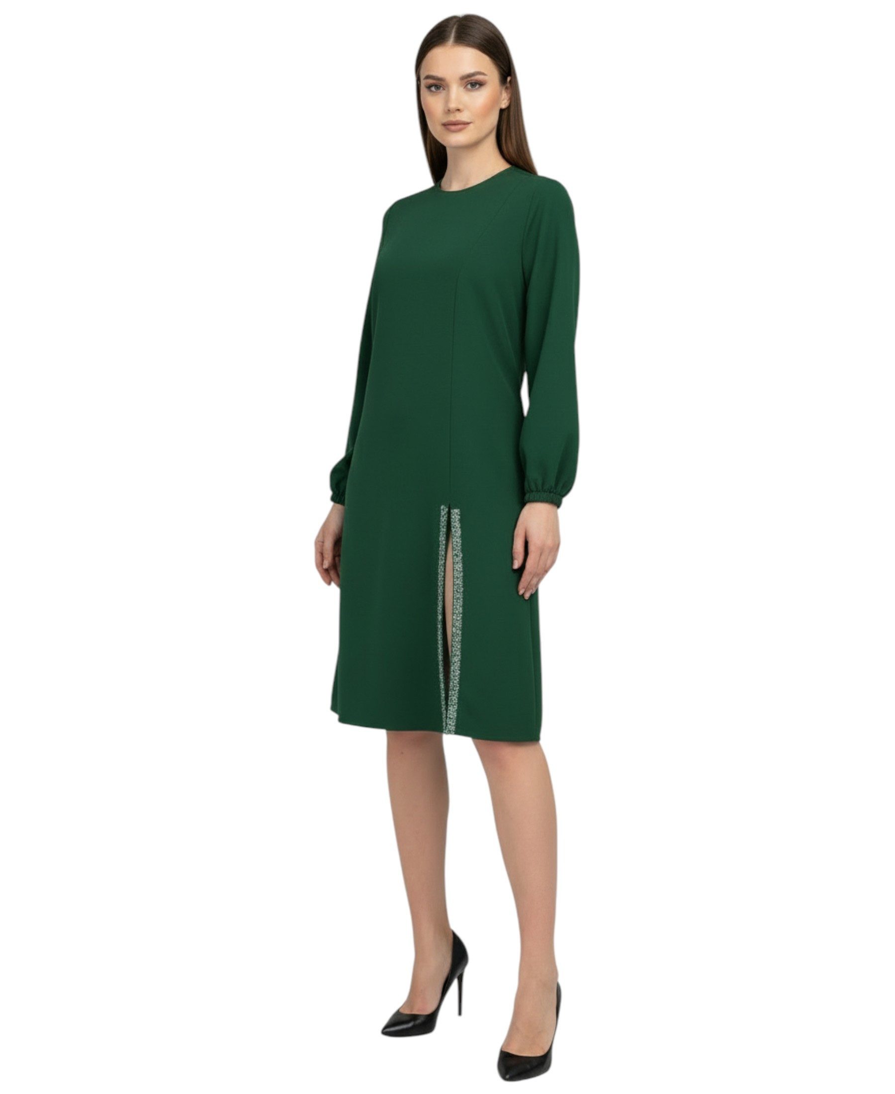 fashionshowcase Longtunika Damen Kleid Kleid mit Schlitz und Steindetail langärmlig