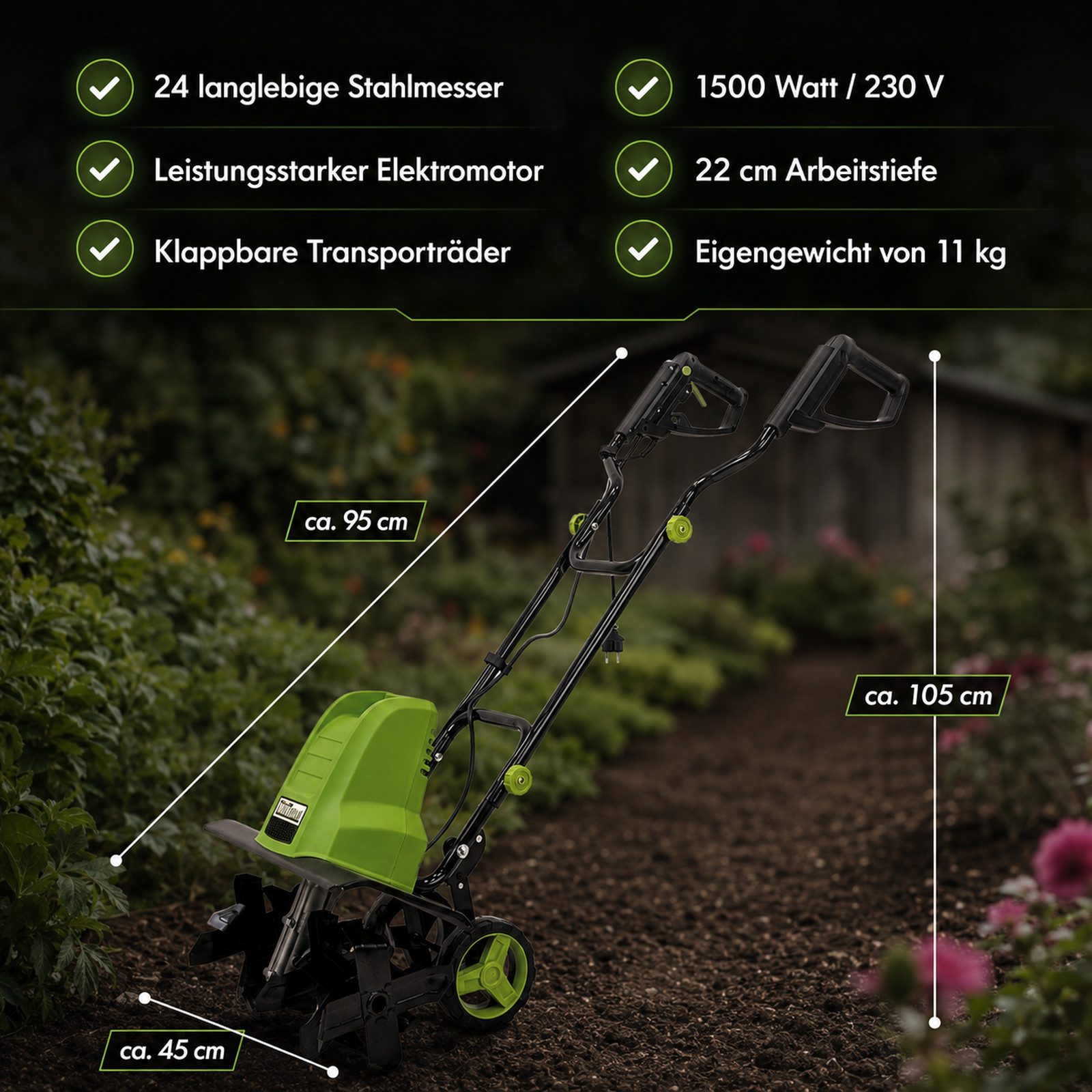 TRUTZHOLM Gartenhacke Motorhacke 24 Hackmesser 1500W Bodenhacke Transporträder klappbar, 45 cm Arbeitsbreite, Artikel, 1 St., Ergonimisches Design