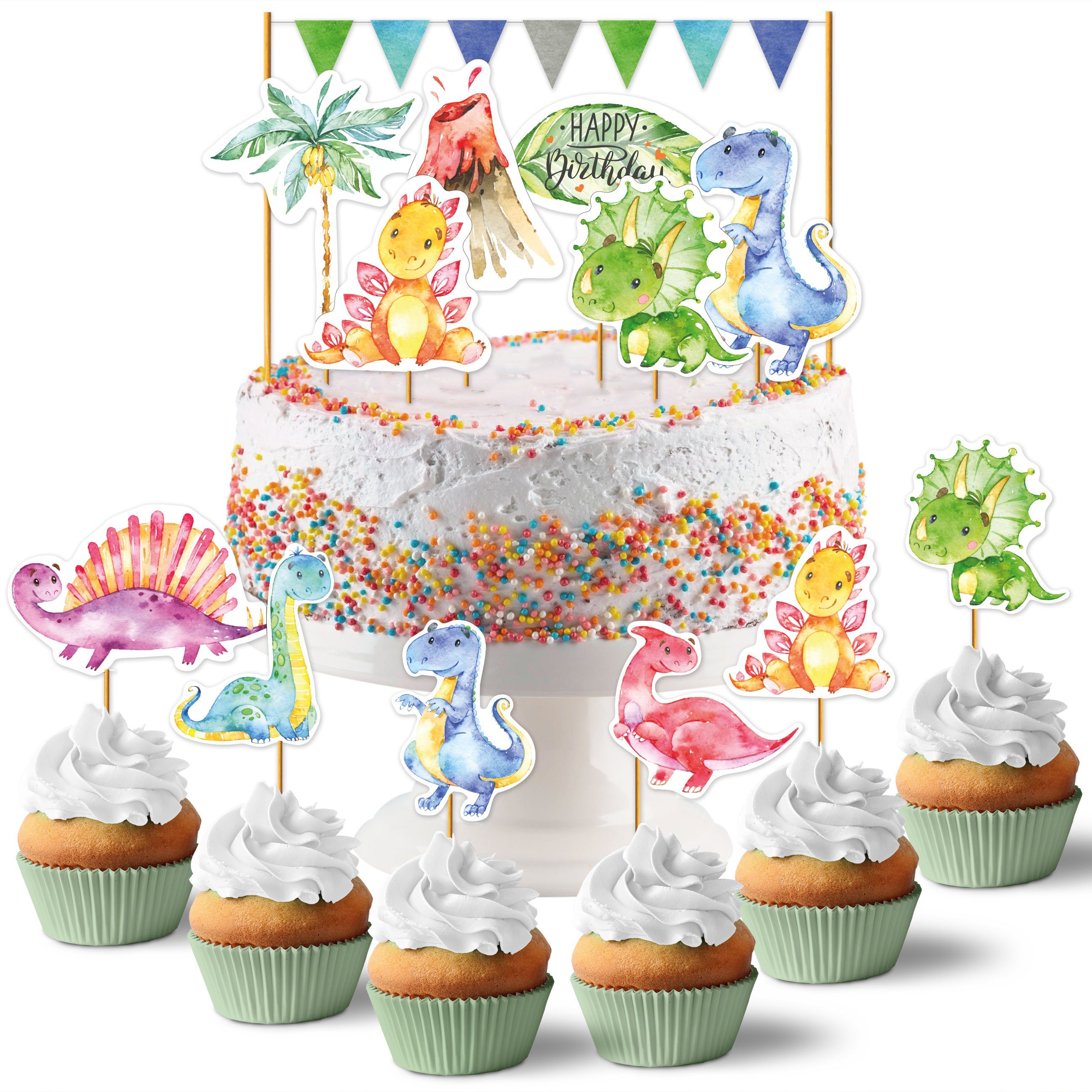 PAPIERDRACHEN Papierdekoration Cake Topper - Kuchendekoration- 19-teilig -in verschiedenen Designs, Kuchenstecker für den Kindergeburtstag