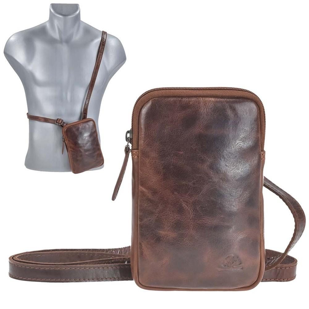 Greenburry Umhängetasche "Rugged" Handy Umhängetasche Leder 12x18cm teak braun, used Look, Handytasche, Handy Umhänger, SlingBag