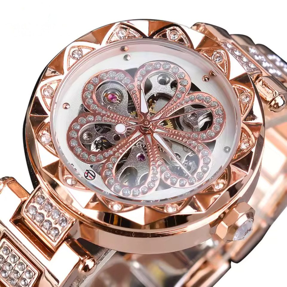 Rötting Design Automatikuhr Damenuhr Marke Forsining Rhinestone Besatz goldrosefarbenes Design, weißes Ziffernblatt, Handgelenkumfang 16 bis 20 cm wählbar