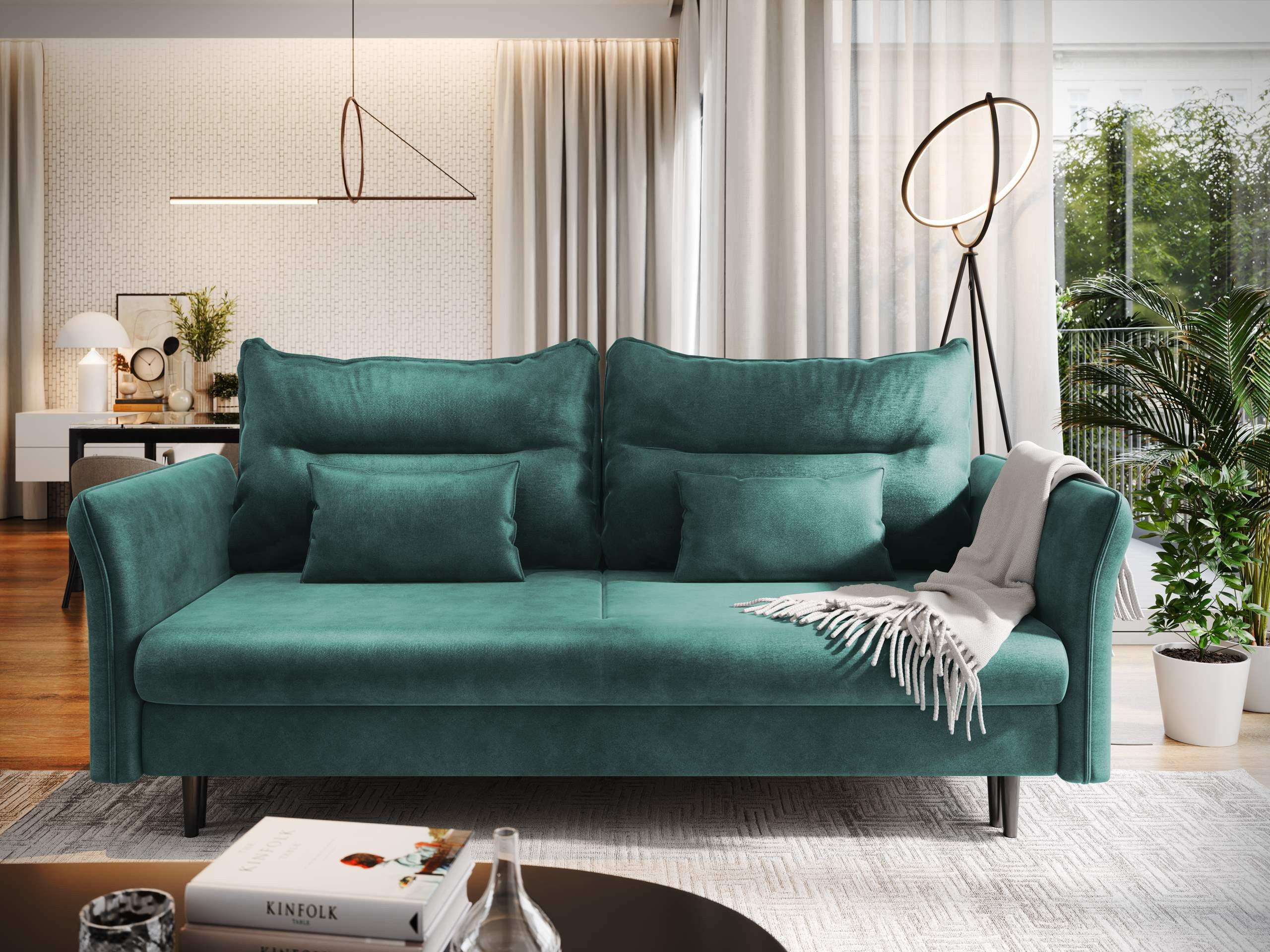 Muffo Loungesofa Bettsofa ISMENA, Große Liegefläche 147x190 cm Bettzeugcontainer, Lose Rückenkissen, hohe Metallbeine