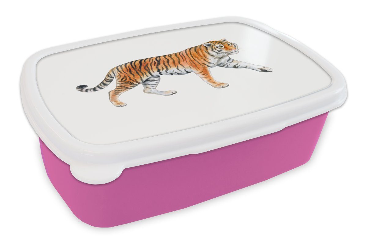 MuchoWow Lunchbox Tiger - Orange - Weiß, Kunststoff, (2-tlg), Brotbox für Erwachsene, Brotdose Kinder, Snackbox, Mädchen, Kunststoff rosa