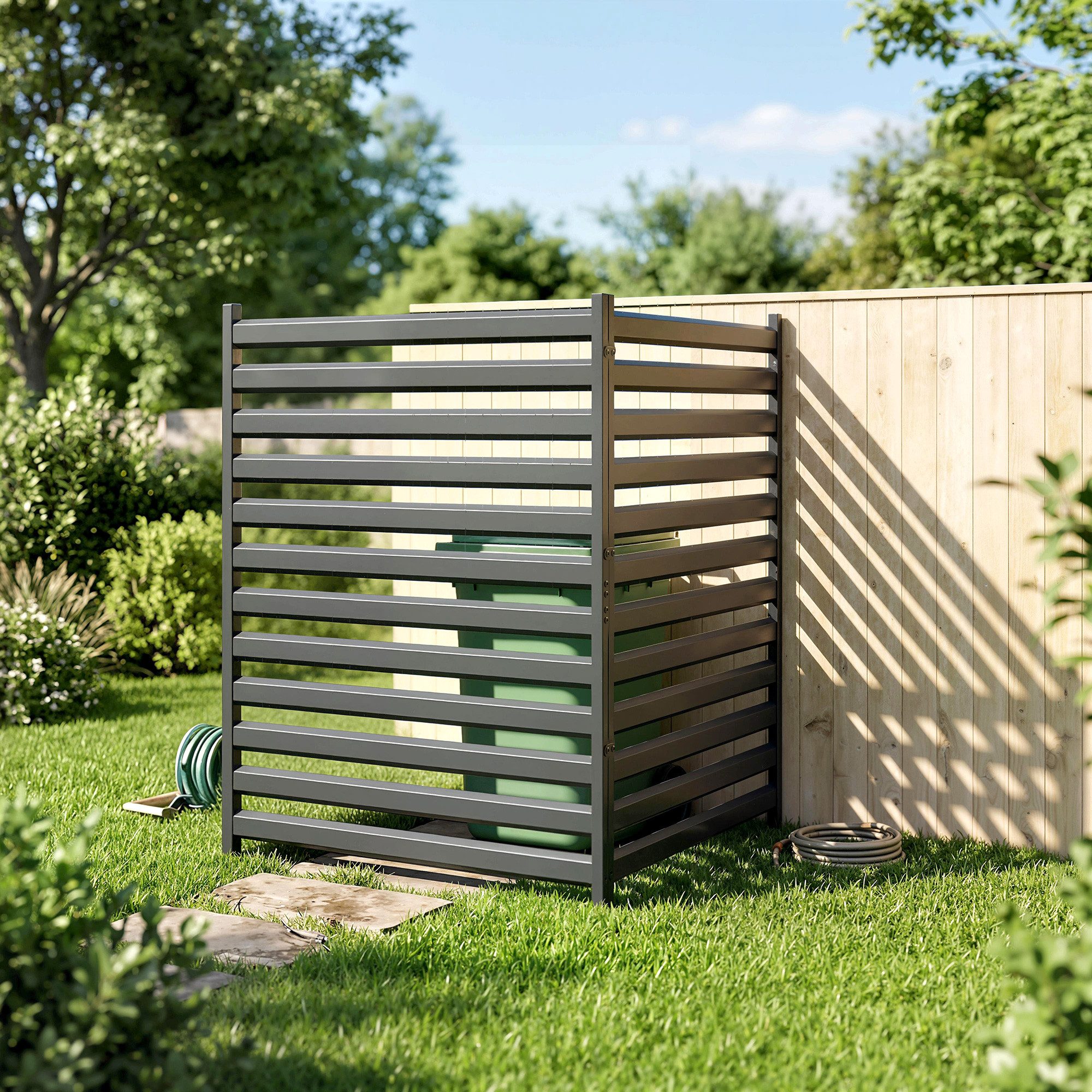 Outsunny Gartenzaun mit Pfosten & Schutzkappen, (Metall Sichtschutzzaun, 2-St., Steckzaun), für Außenbereich Mülleimer Pool ohne Graben Schwarz