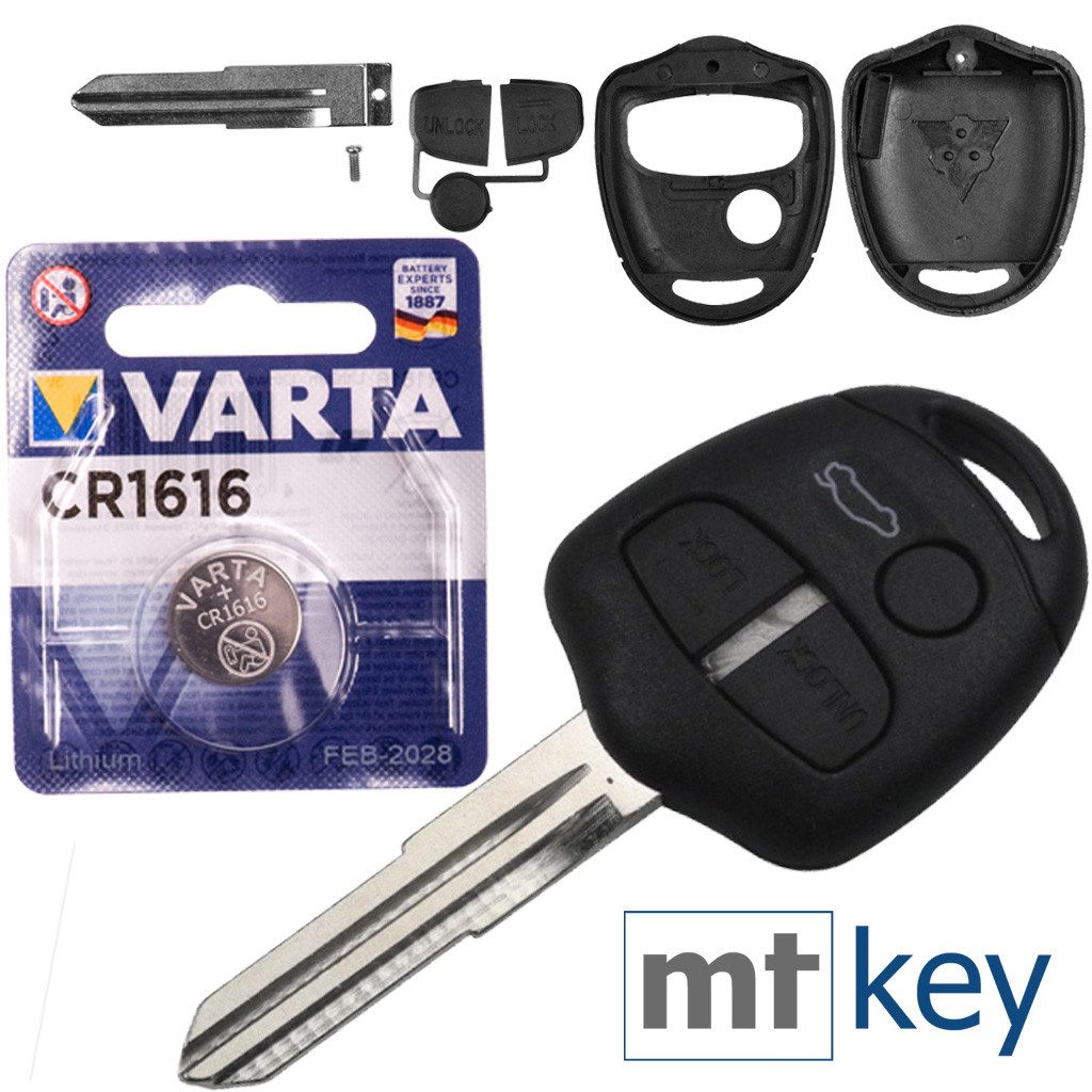 mt-key Auto Schlüssel Ersatz Gehäuse 3 Tasten + MIT8 Rohling + VARTA CR1616 Knopfzelle, CR1616 (3 V), für Mitsubishi Lancer Grandis L400 Pajero Funk Fernbedienung