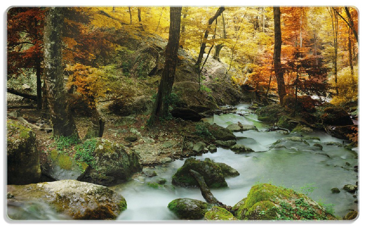 mit rutschfester Wallario Frühstücksbrett im 14x23cm Wasserfall Herbstwald, Gummifüße 1-St), 4mm, ESG-Sicherheitsglas, Steinen (inkl. moosbedeckten