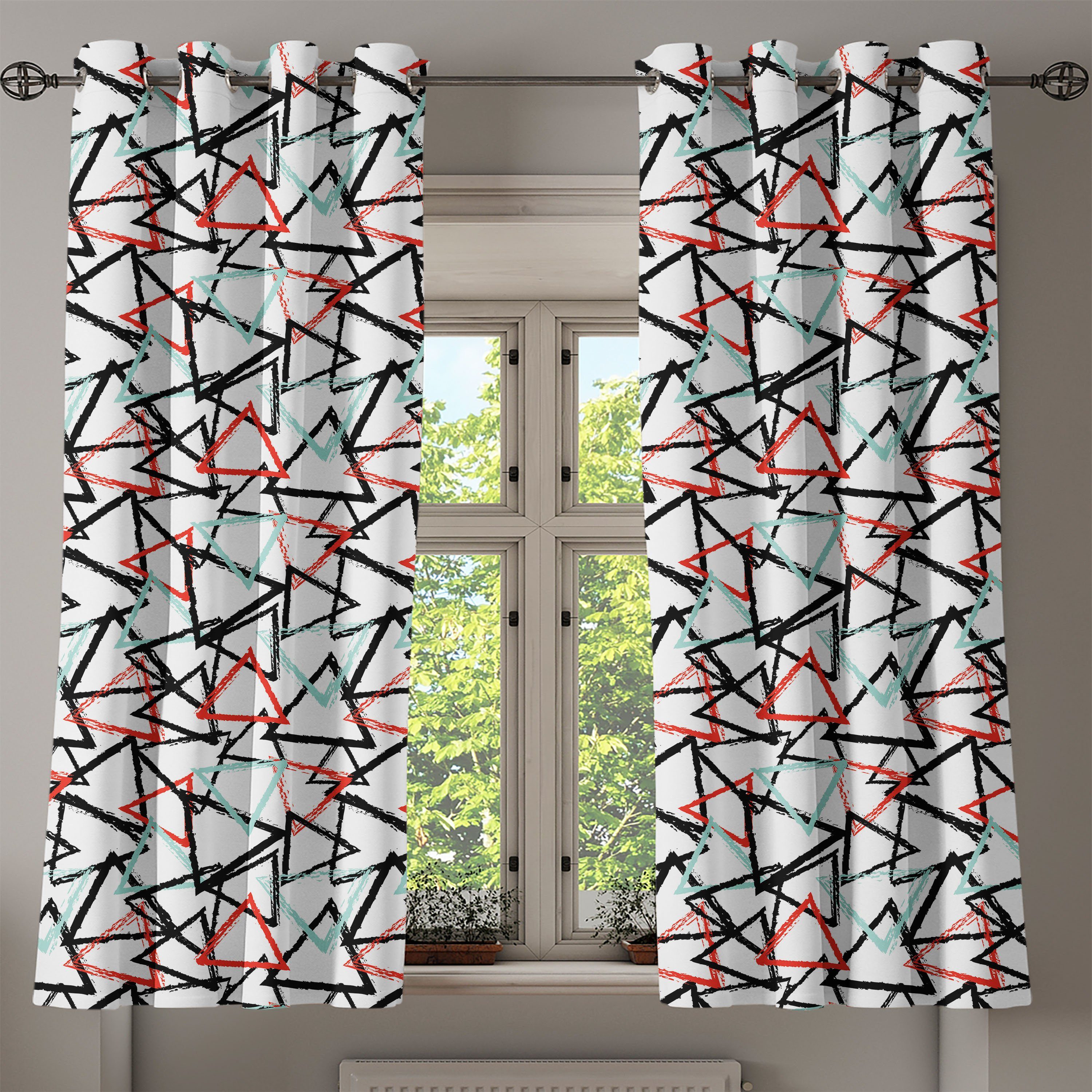 Abakuhaus, abstraktes Muster 2-Panel-Fenstervorhänge Gardine Schlafzimmer Grunge Retro Dekorative für Wohnzimmer,