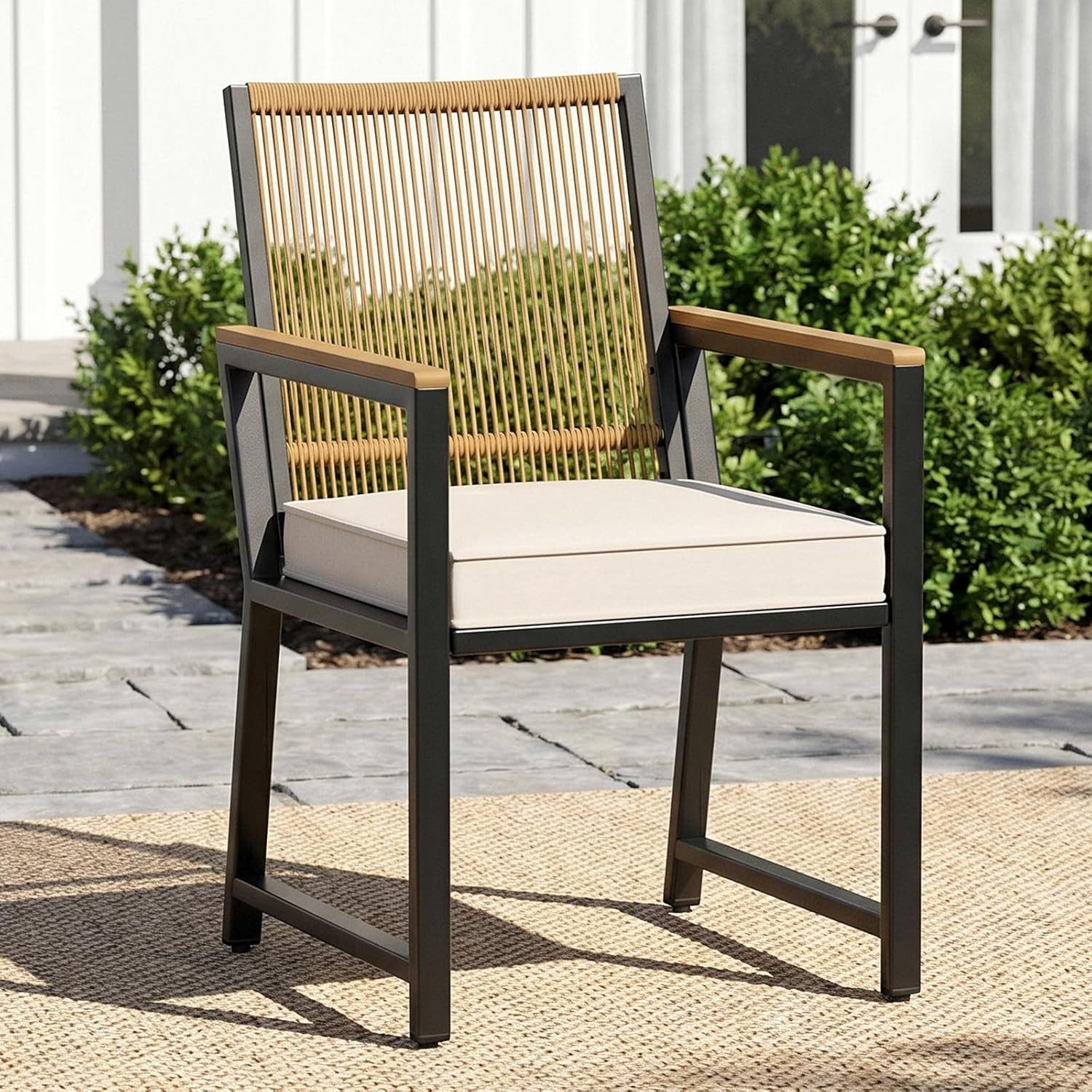 TLGREEN Gartenstuhl Rattan,Wetterfest, Balkonstuhl mit WPC Armlehne, (Outdoor Stuhl mit abnehmbar Kissen, Essstühle aus Metall, 1 St), bis 160 kg belastbar, für Terrasse, Garten, Balkon,Pool