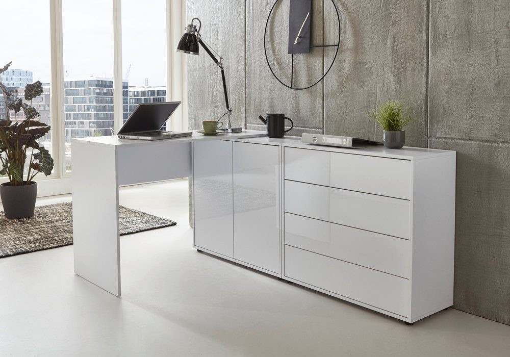 moebel-dich-auf Schreibtisch BEN Set 3 (Home-Office, in verschiedenen Farben), Push-to-open-Funktion weiß / weiß Hochglanz