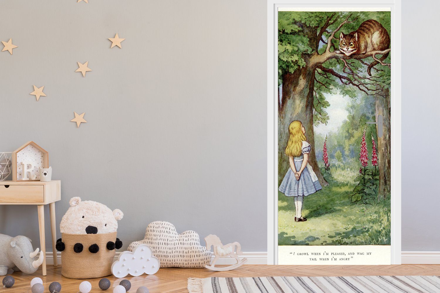 MuchoWow Türtapete Vintage-Illustration Alice und die (1 für Tür, cm Fototapete 75x205 bedruckt, Kohlekatze, Matt, Türaufkleber, St)