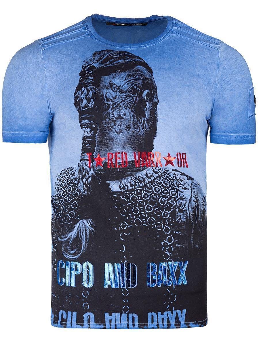 Cipo & Baxx Print-Shirt Auffälliges Kurzarm Shirt BA-CT412 (1-tlg) mit Wikinger Print blau