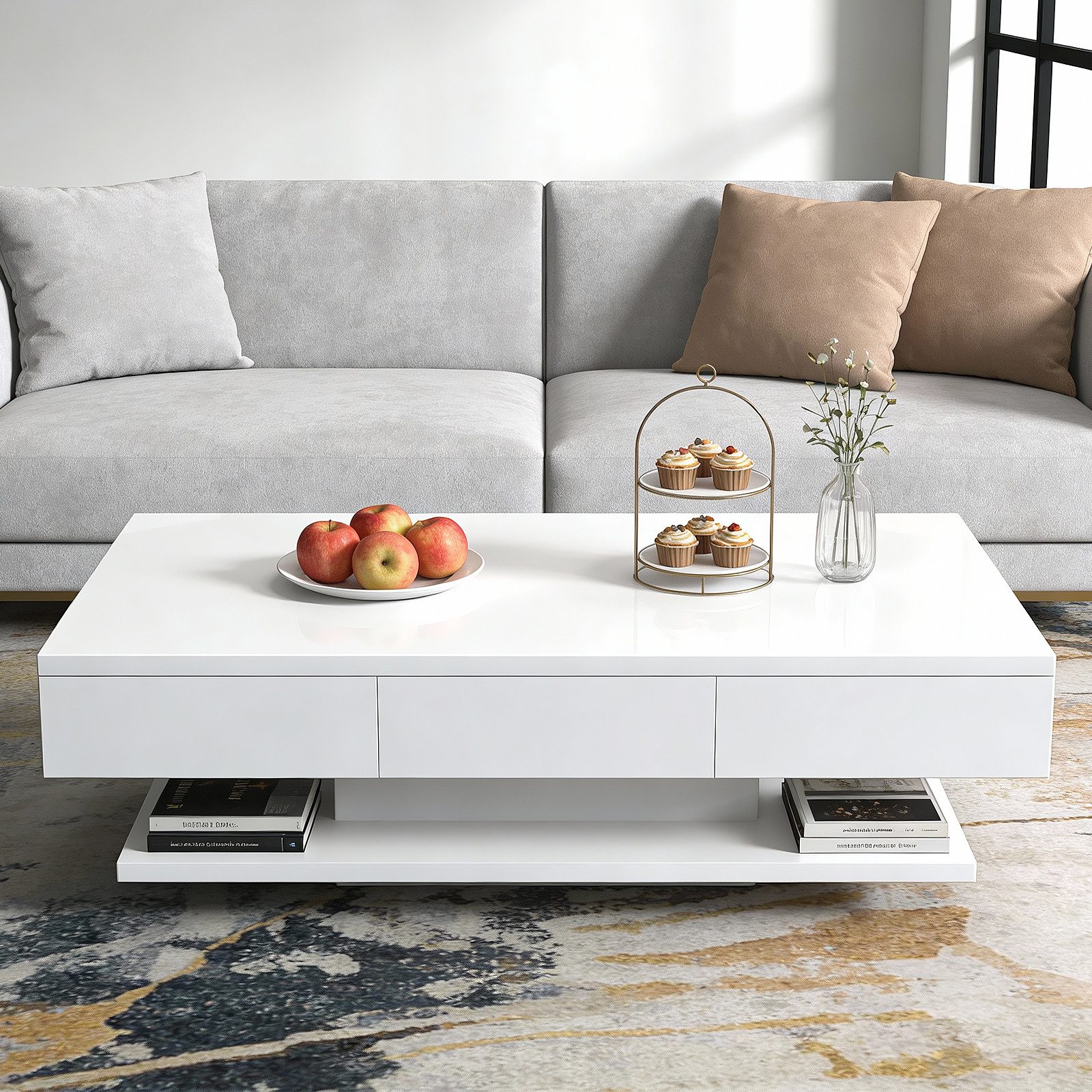 oyajia Couchtisch Wohnzimmertisch mit 2 Schubladen, Wohnzimmertisch Sofatisch Beistelltisch mit 2 Schubladen und Stauraum