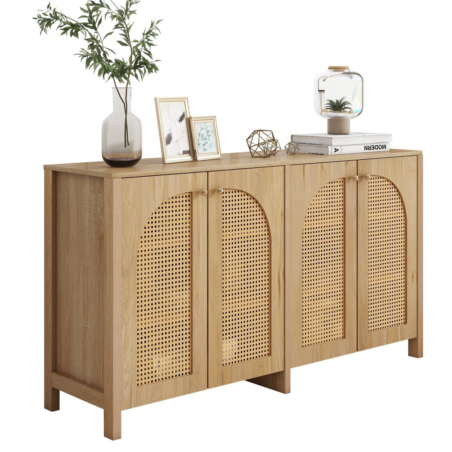 ANYSUN Sideboard 145cm L Kommode Sideboard Stil 4-Rattantür (Atmungsaktiv Rattanschrank, Metallgriff einfaches Buffetschrank), Vielseitig Komodenschrank für Flur,Schlafzimmer, Wohnzimmer Möbel