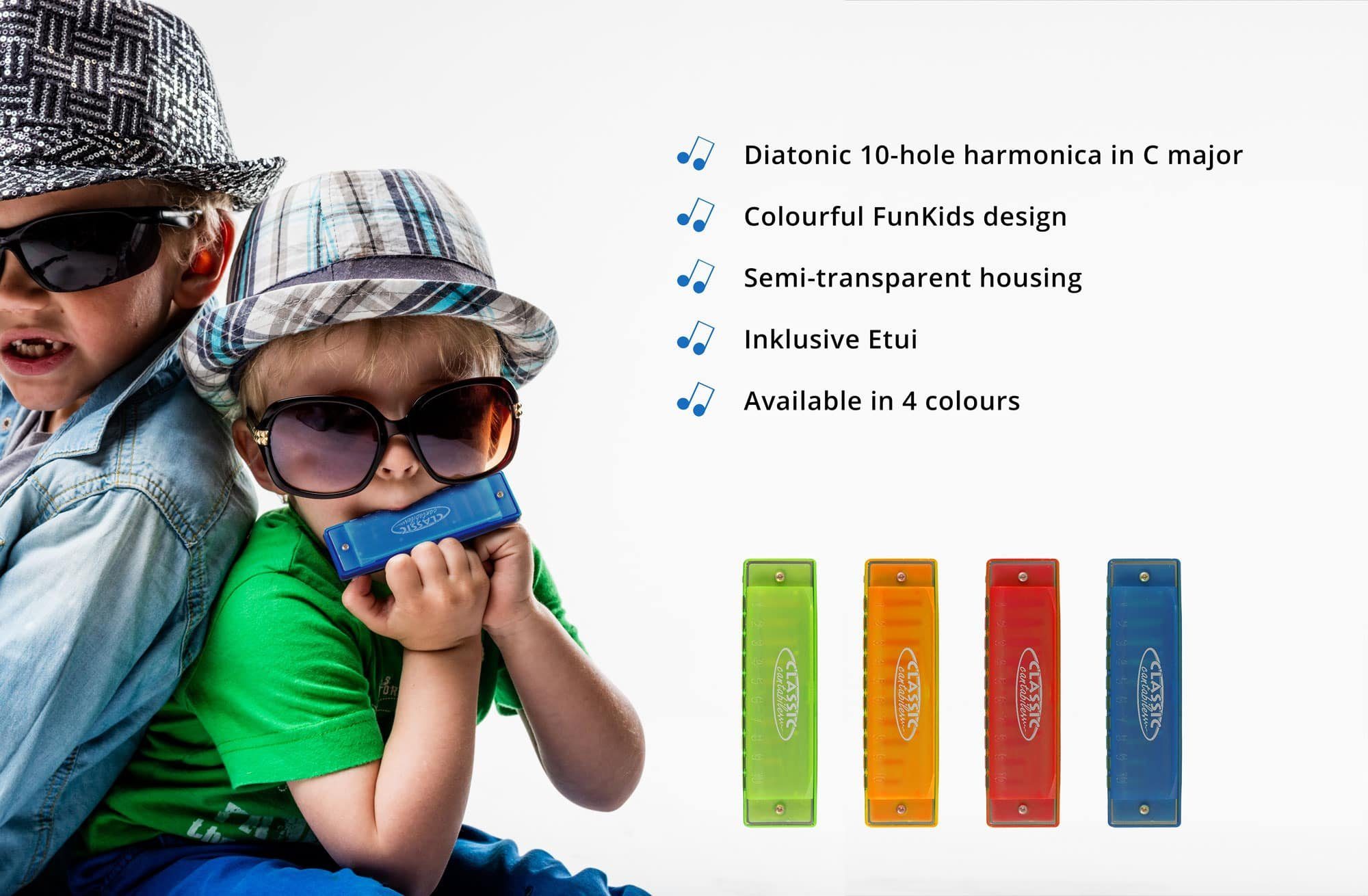 Classic Cantabile Mundharmonika FunKids Blues Harmonica ideal für Kinder, C-Dur C, diatonisch, inkl. Kunststoff-Etui, 20 Stimmzungen aus Phosphorbronze – Bild 4 von 5