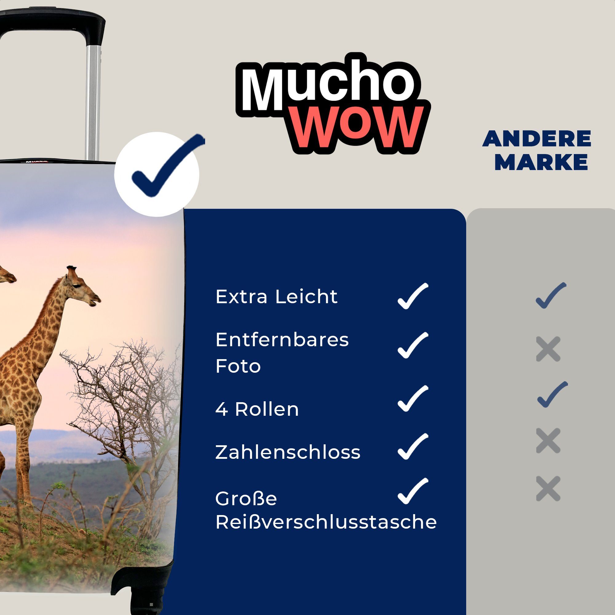 Trolley, Handgepäck Giraffen - Ferien, MuchoWow Reisetasche 4 - rollen, für Landschaft, Reisekoffer Rollen, Himmel Handgepäckkoffer mit