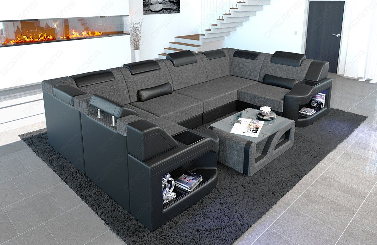 Sofa Dreams Wohnlandschaft Design Polster Stoff Sofa Padua U Form H Strukturstoff Stoffsofa, Couch wahlweise mit Bettfunktion grau-schwarz