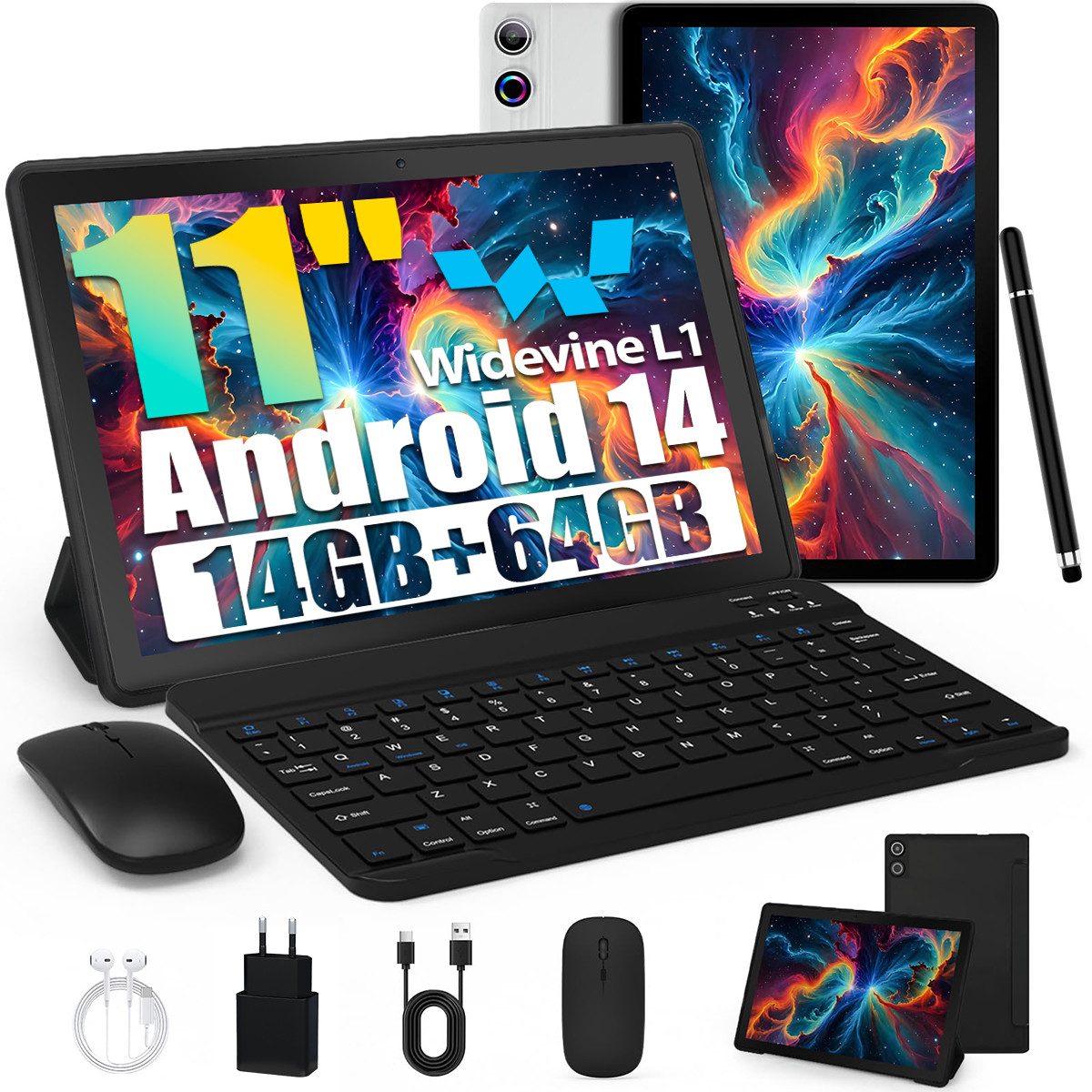 BUFO 11 Zoll 3 GB+64 GB, 6800mAh, WiFi 6, mit Maus Tastatur Stift Hülle Set Tablet (11", 64 GB, Android, AIC8800D80 802.11 a/b/g/n/ax/ac (WiFi 6) + BT5.3, Android 14, Duale Kamera, 1280x800 IPS HD, WiFi 6, Bluetooth 5.3)