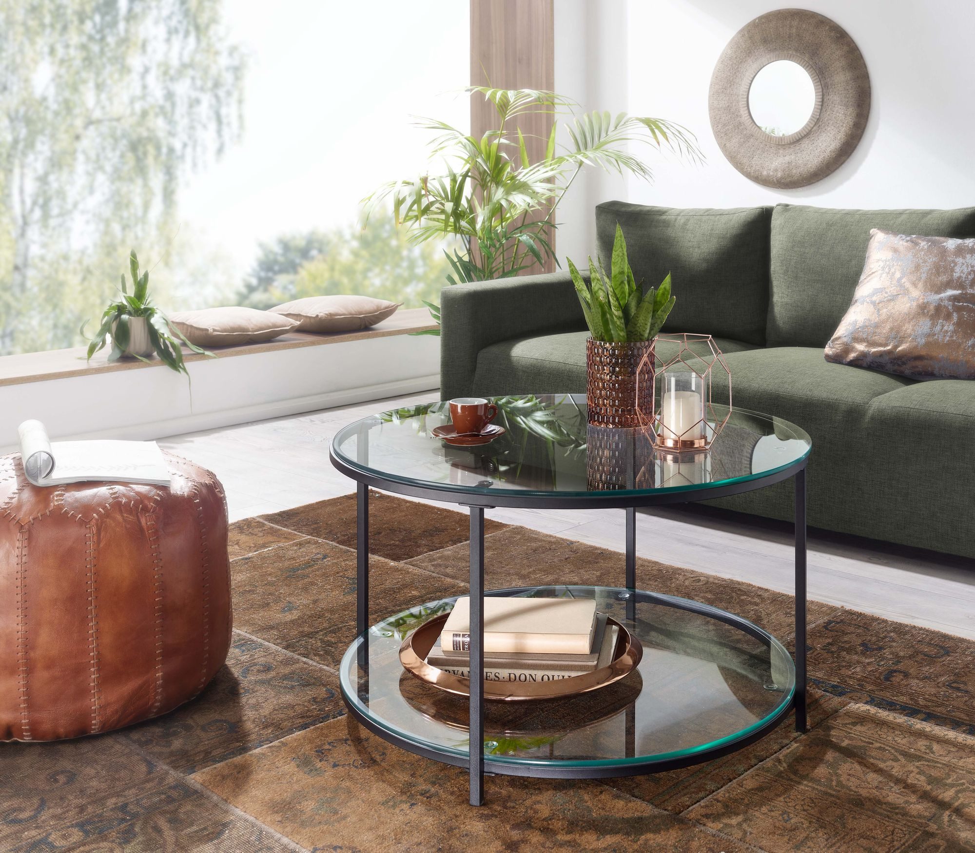 FINEBUY Couchtisch FB78983 Sofatisch Glas Wohnzimmertisch Ø 80 cm Rund Tisch Stauraum (80x80x45 cm Glas Sofatisch Rund Transparent), Wohnzimmertisch Kaffeetisch mit Metall-Gestell