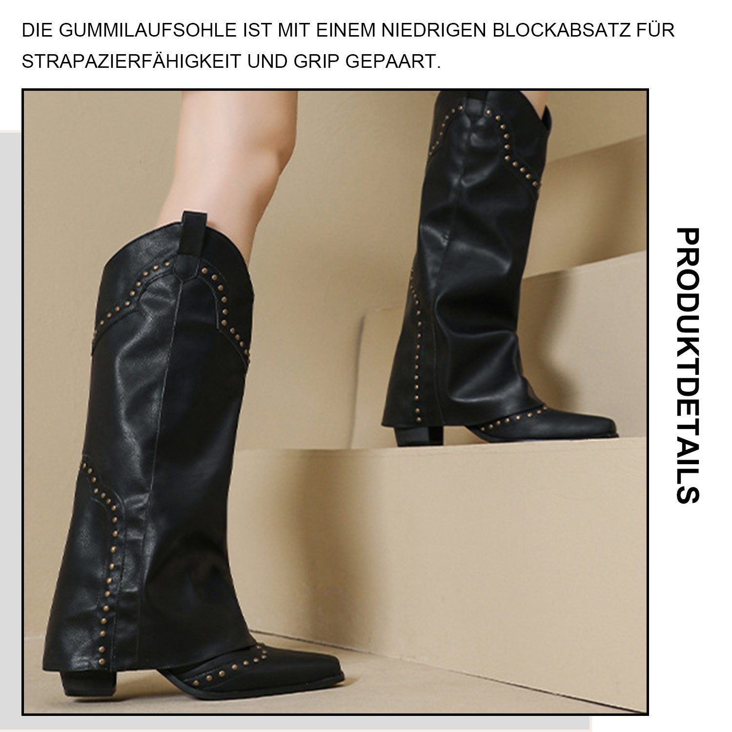 Daisred Damen Stiefel Schwarz Blockabsatz Schuhe Stiefel Western für Frauen