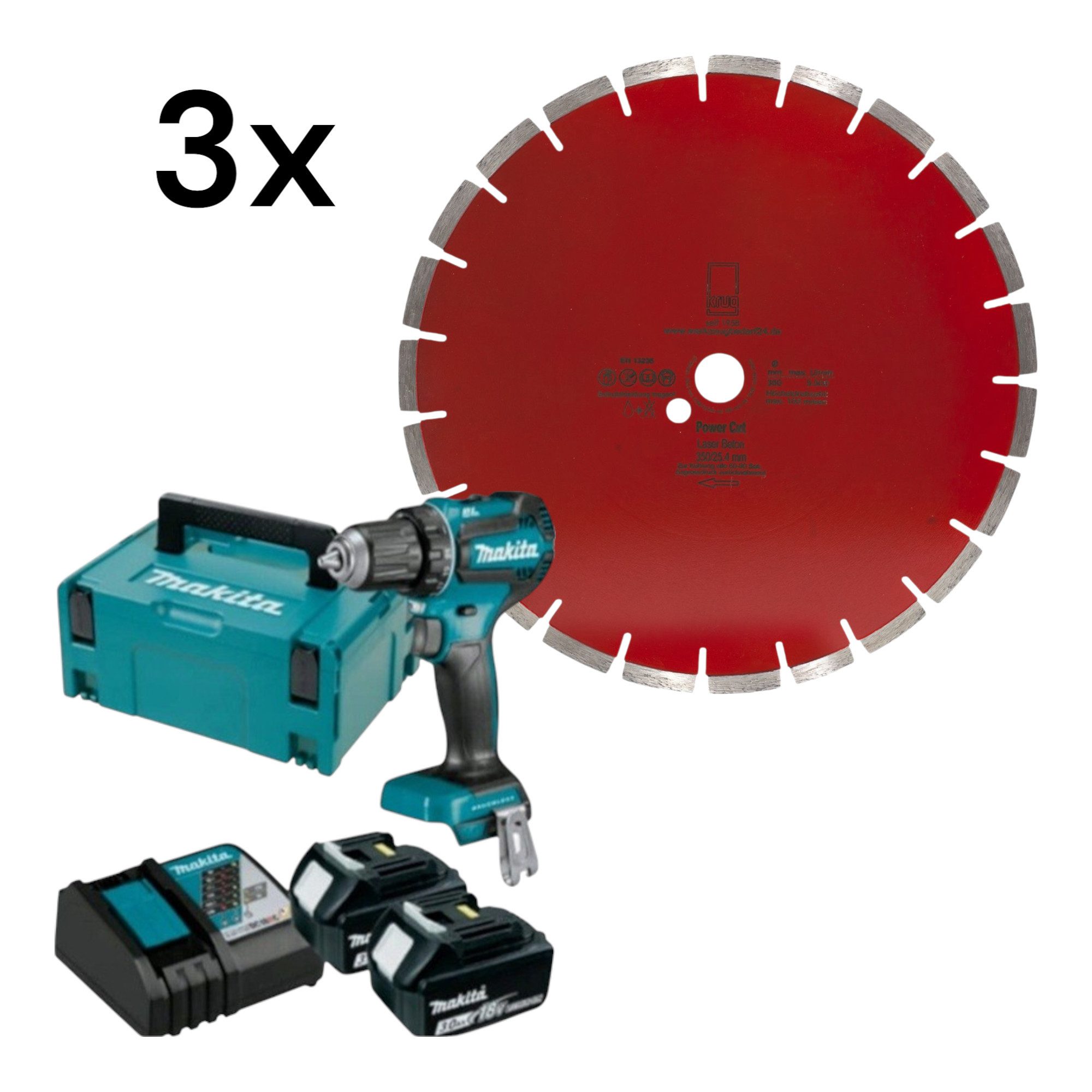 Makita Akku-Bohrmaschine Set 3xPower Cut Beton Laser 350/25 mm+ Makita DDF485RFJ2 2 x 3,0Ah + S