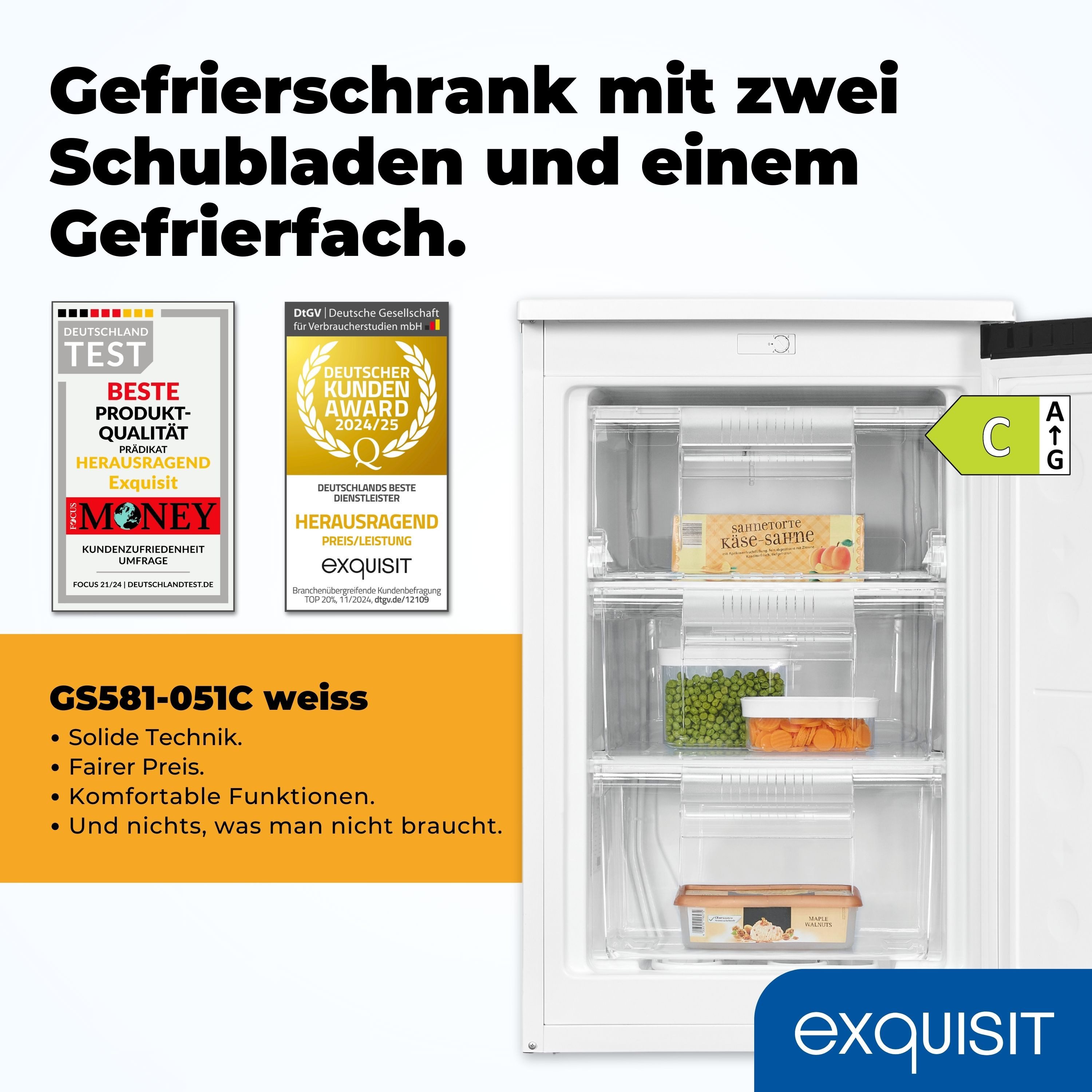 exquisit Gefrierschrank GS581-051C, 845 cm hoch, 549 cm breit, 85 Liter, 4-Sterne-Gefrieren, 39 dB, Türanschlag wechselbar, EEK: C