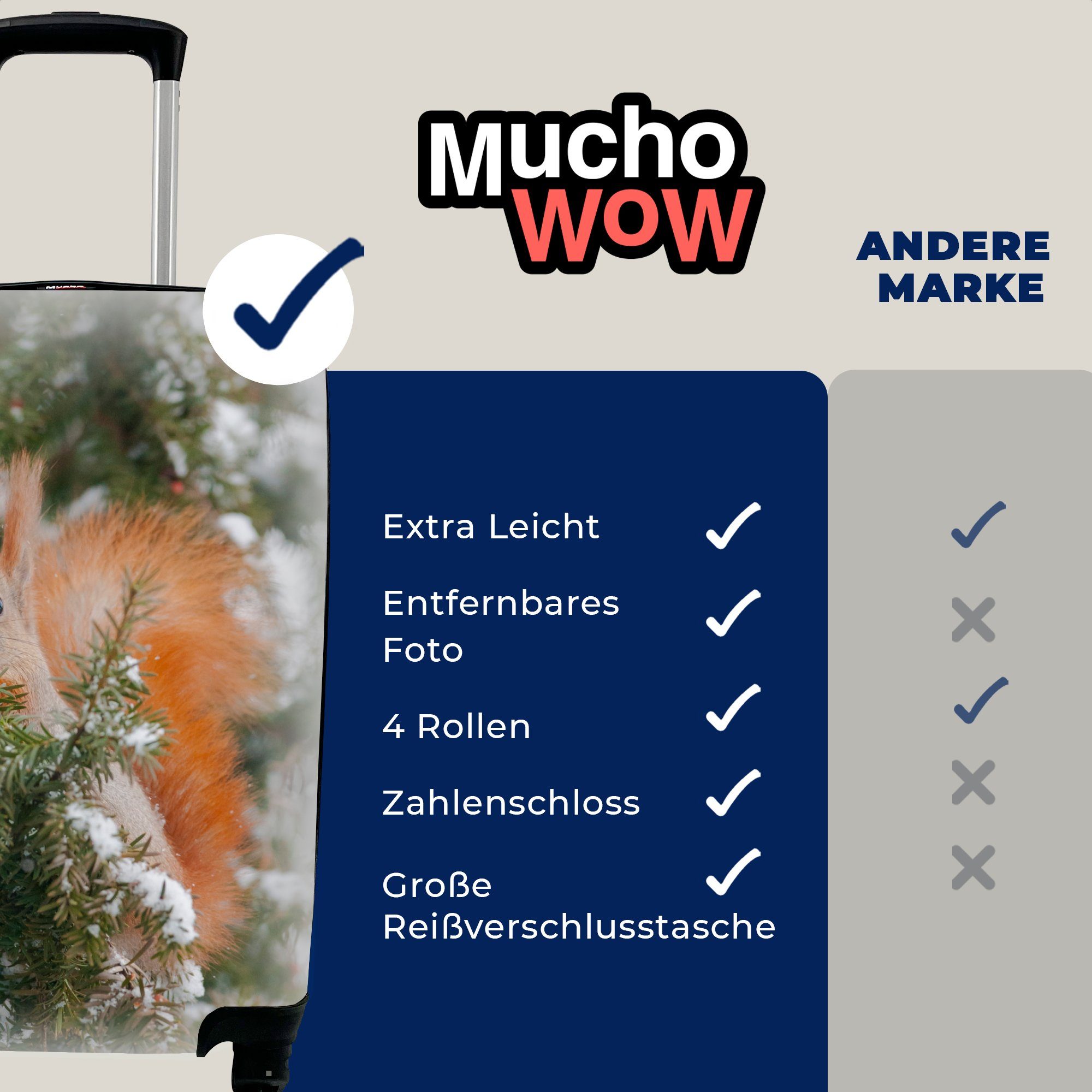 MuchoWow Handgepäckkoffer Eichhörnchen - Zweig rollen, 4 Rollen, Ferien, Handgepäck - mit Trolley, Reisekoffer Kiefer Reisetasche - für Schnee