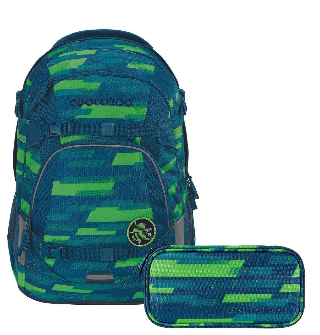 coocazoo Schulranzen Schulrucksack-Set MATE Lime Stripe 2-teilig (Rucksack, Mäppchen), ab 5. Klasse, ergonomisch, reflektiert