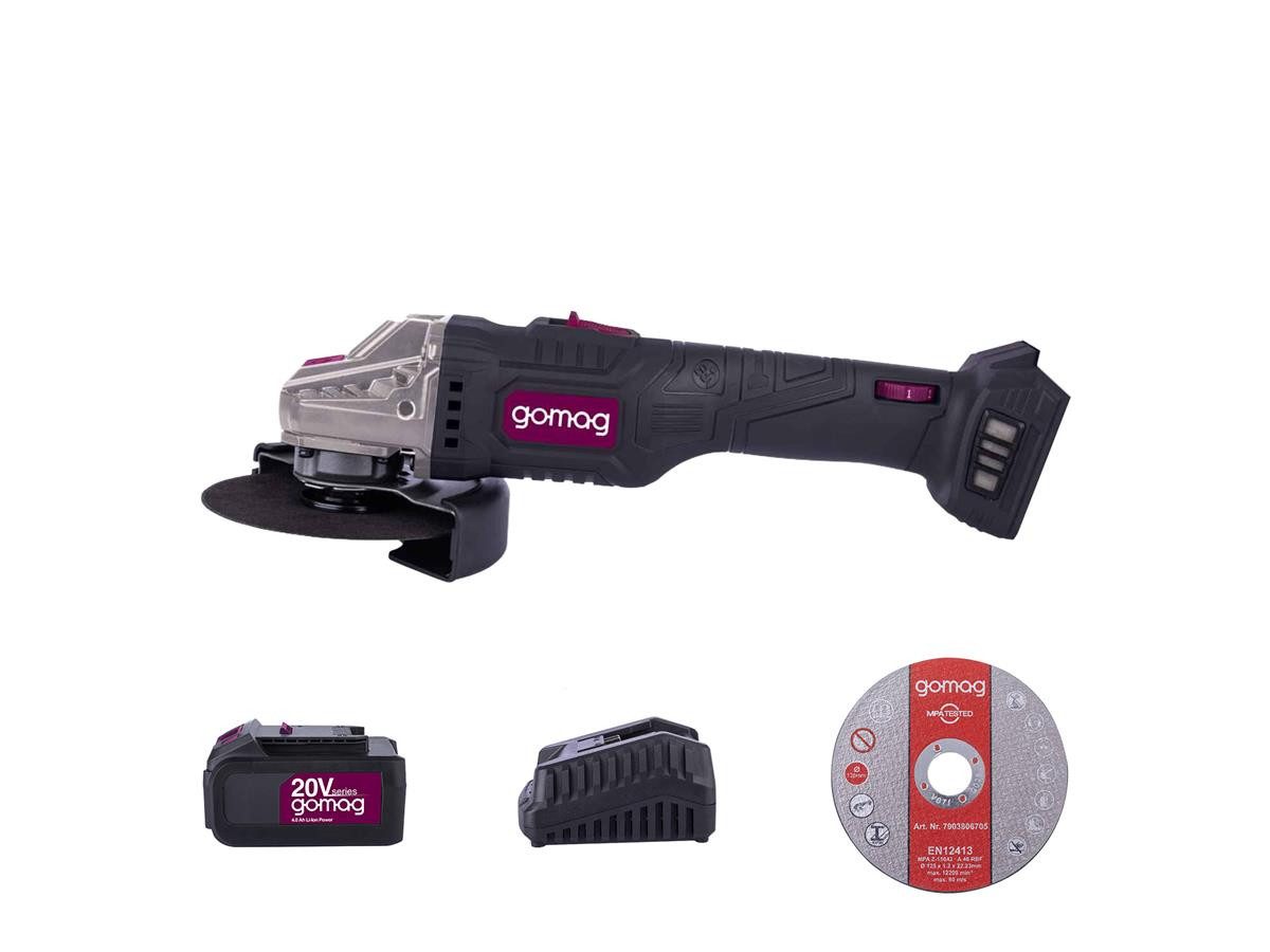 Gomag Akku-Winkelschleifer GO-WS125 1x4,0 Ah Akku, 4,5 A Ladegerät, 12 Trennscheiben, max. 10000 U/min, (Set)