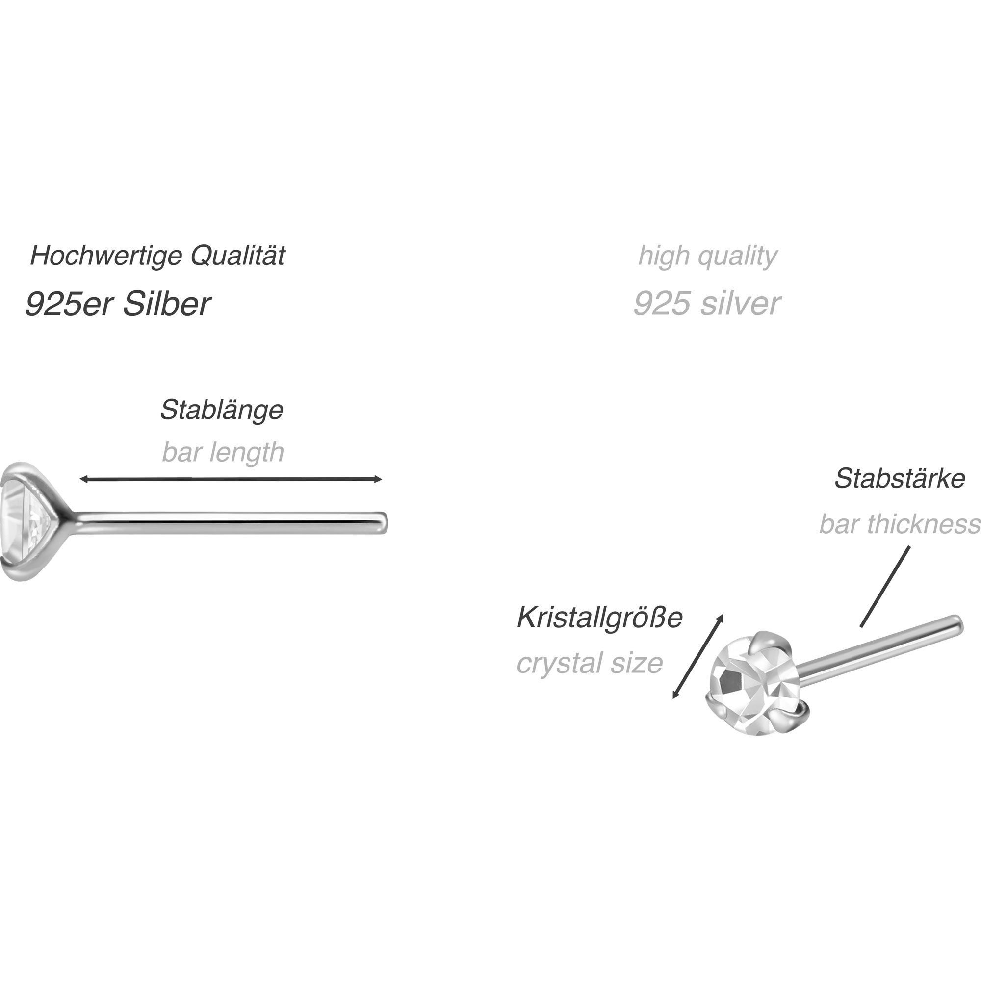 PIERCINGLINE Nasenpiercing SET 925er Silber Nasenstecker RUNDER KRISTALL - biegbar (Nasenstecker, 3er SET1)