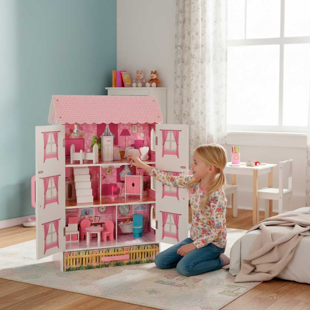 Ikonka Puppenhaus Holzpuppenhaus 80 cm mit Möbeln 3 Etagen Puppenhaus Kinder, (Holzpuppenhaus 80 cm mit Möbeln 3 Etagen Puppenhaus Set, Holzpuppenhaus 80 cm mit Möbeln 3 Etagen mit Schublade Set), 3 Etagen Möbelset Schublade Tür Magnet Puppenhaus Holz Set