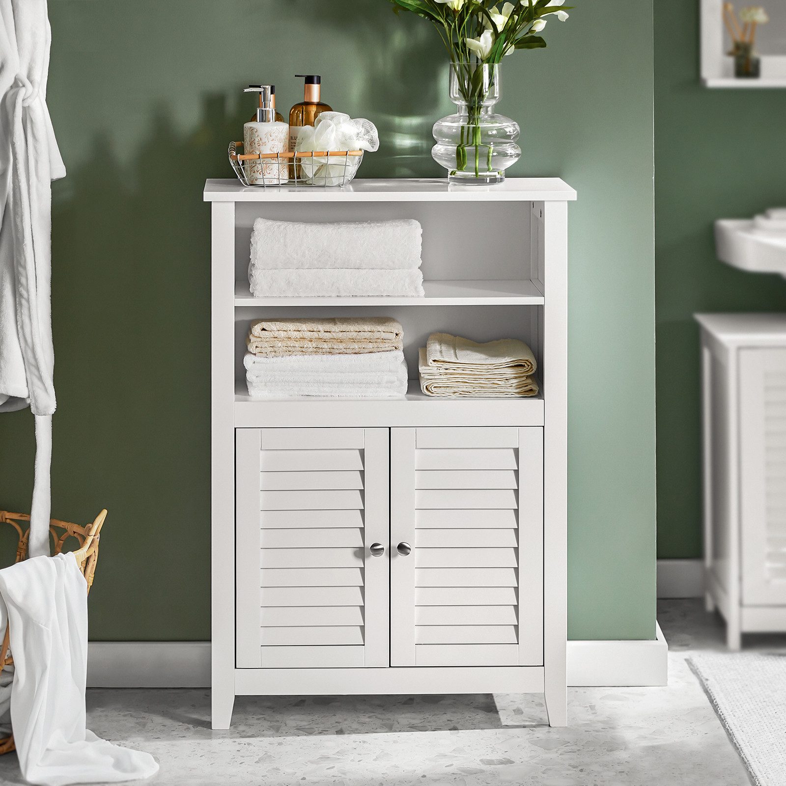 SoBuy Badkommode BZR13, Flurschrank Badezimmerschrank schmal, mit Lamellentür, Badschrank mit Zwei Ablagen und Türen Kommode fürs Bad Sideboard