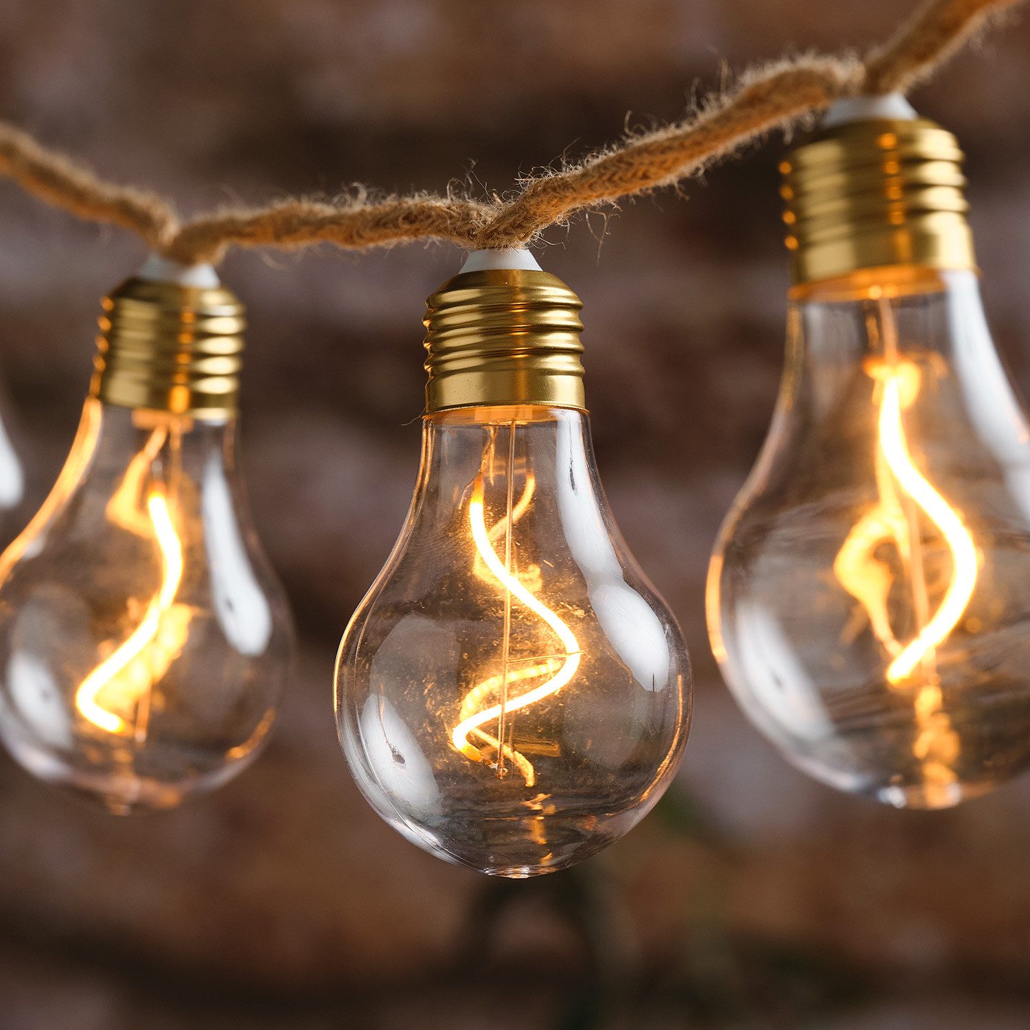 Lights4fun LED-Lichterkette 10er transparente Glühbirnen-LED-Lichterkette auf Naturseil mit Timer