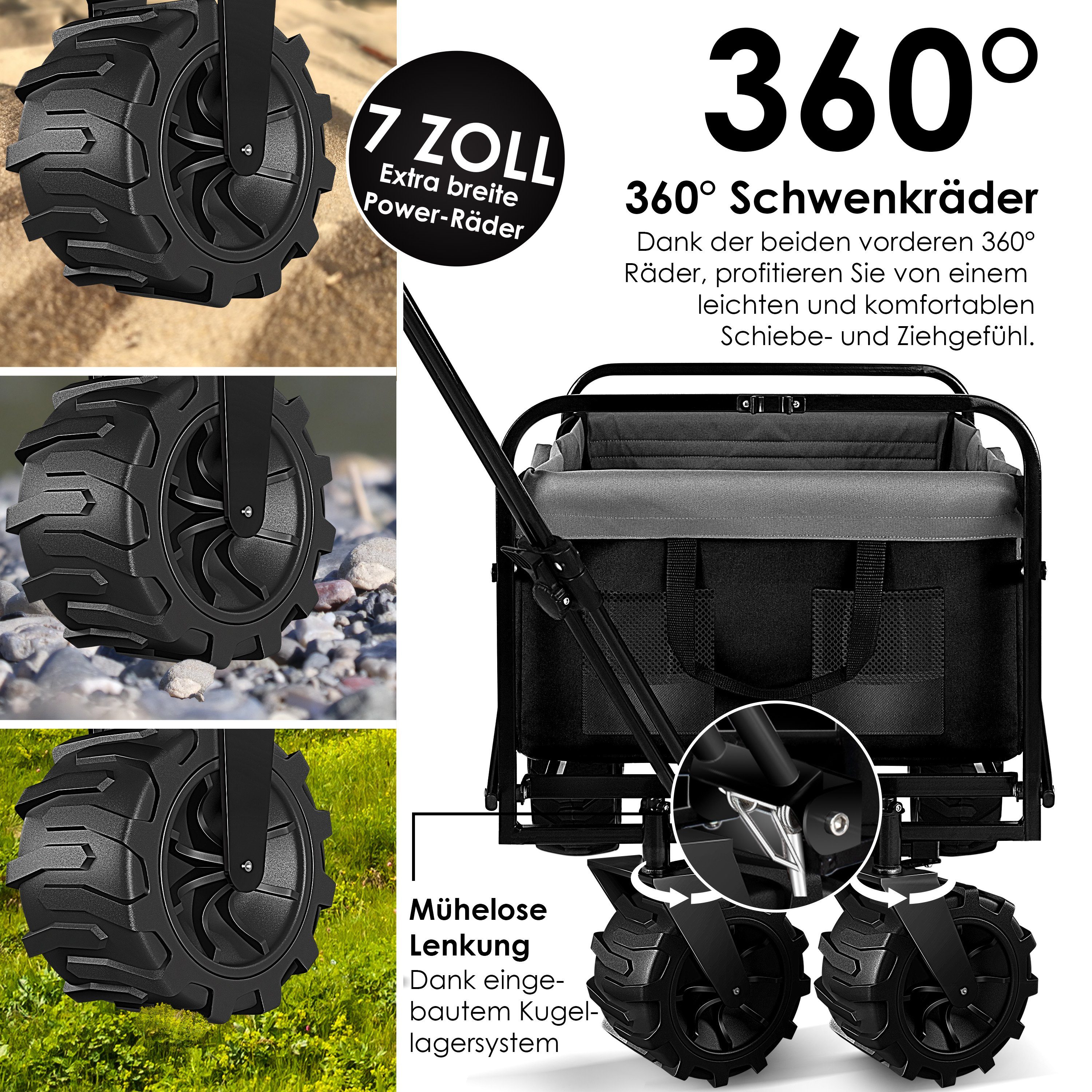 KESSER Bollerwagen, Bollerwagen faltbar Breite Handwagen schwarz/grau Transportkarre Reifen