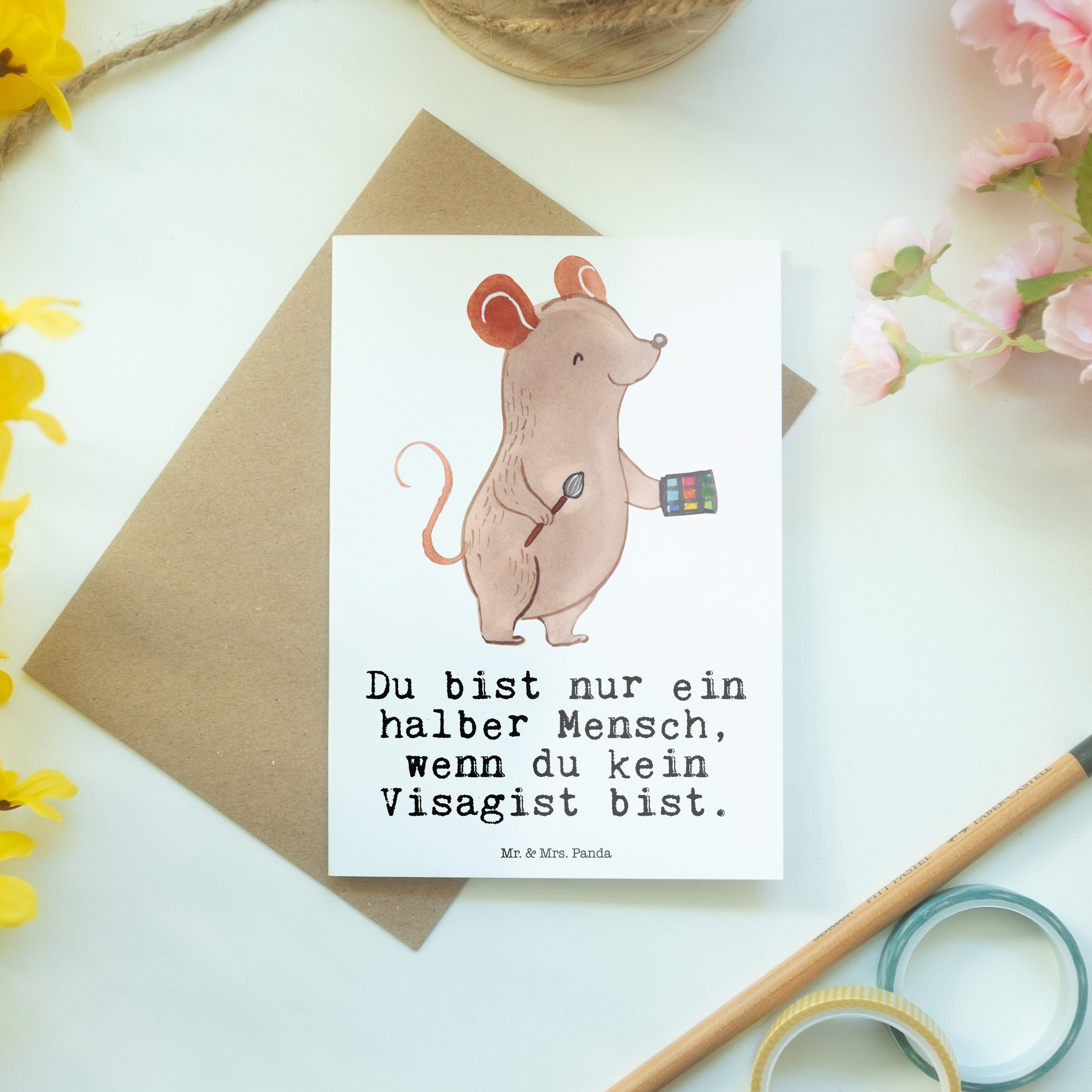 Mr. & Mrs. Panda Grußkarte Dankeschön, - Geschenk, Visagist Kl Herz mit - Weiß Geburtstagskarte