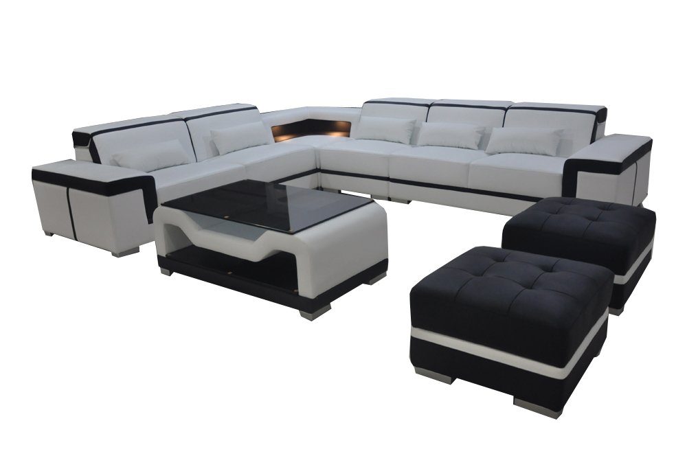 JVmoebel Ecksofa, Leder Sofa Couch Polster Eck Moderne Wohnlandschaft Tisch Hocker