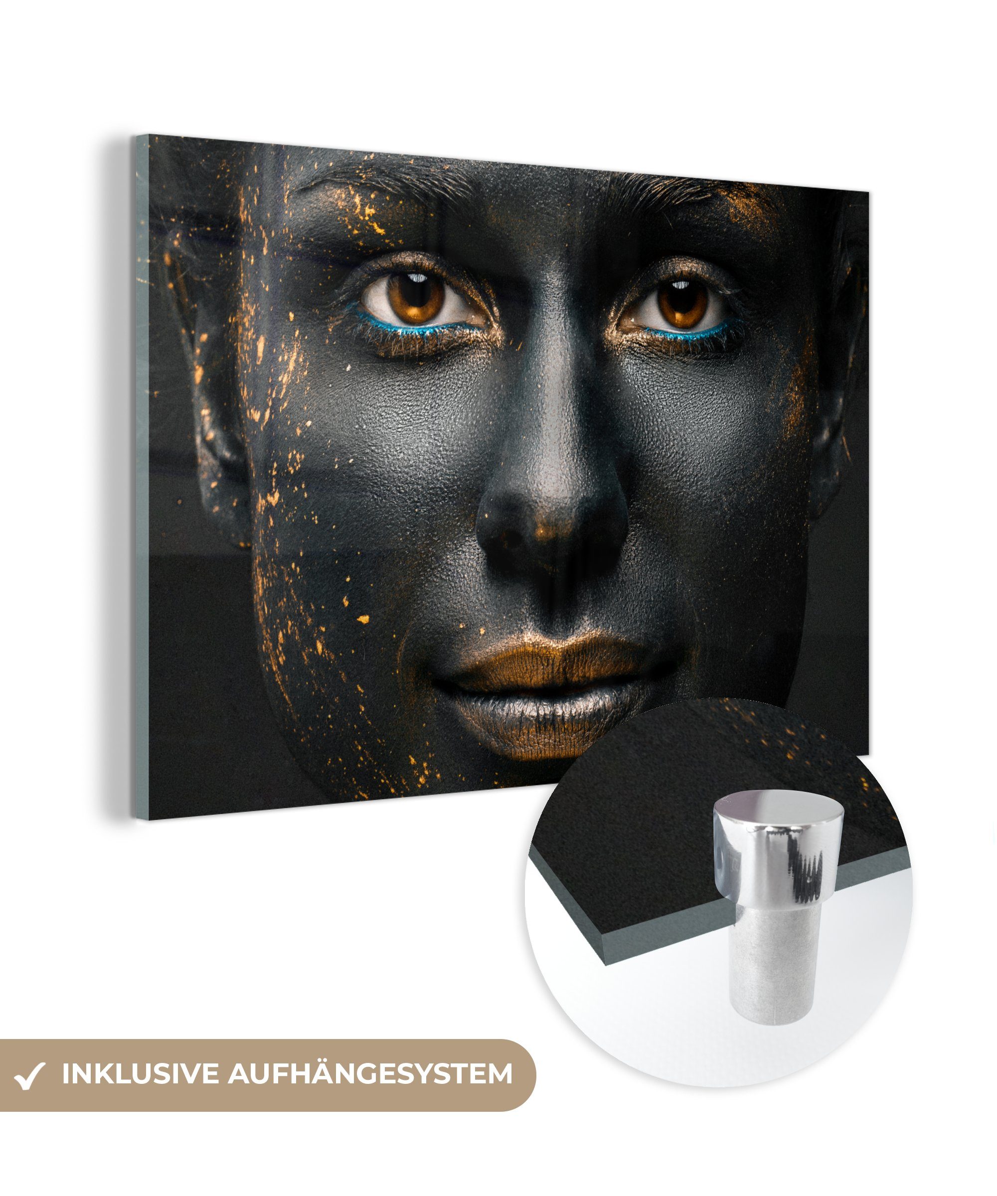 MuchoWow Acrylglasbild Porträt - Frau - Schwarz und Gold - Farbe, (1 St), Acrylglasbilder Wohnzimmer & Schlafzimmer
