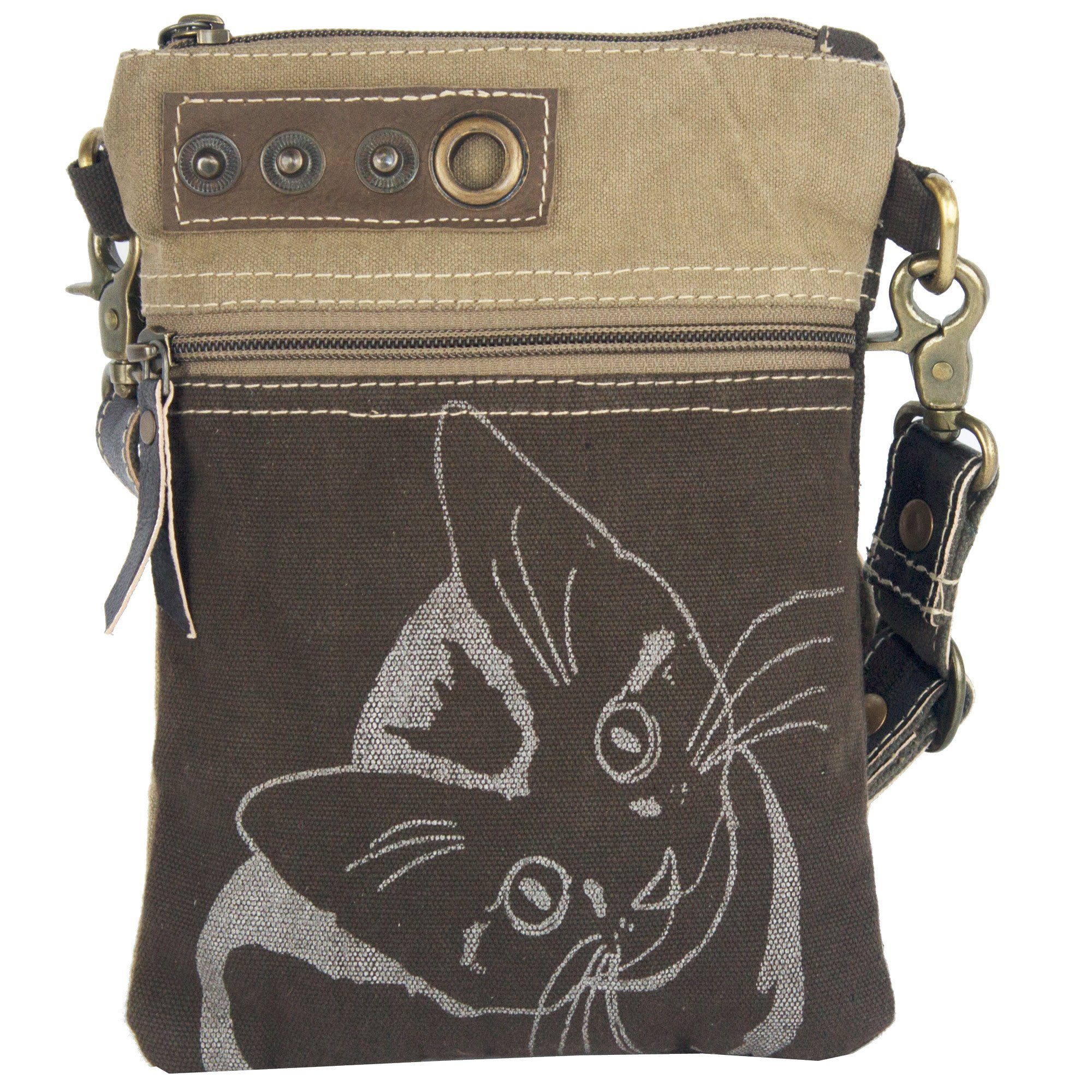 Umhängetasche 52495, aus Canvas Canvas. Katzenmotiv Katzenliebhaber. Tasche, aus für recyceltem Crossbody Kleien Sunsa braune bag Umhängetasche