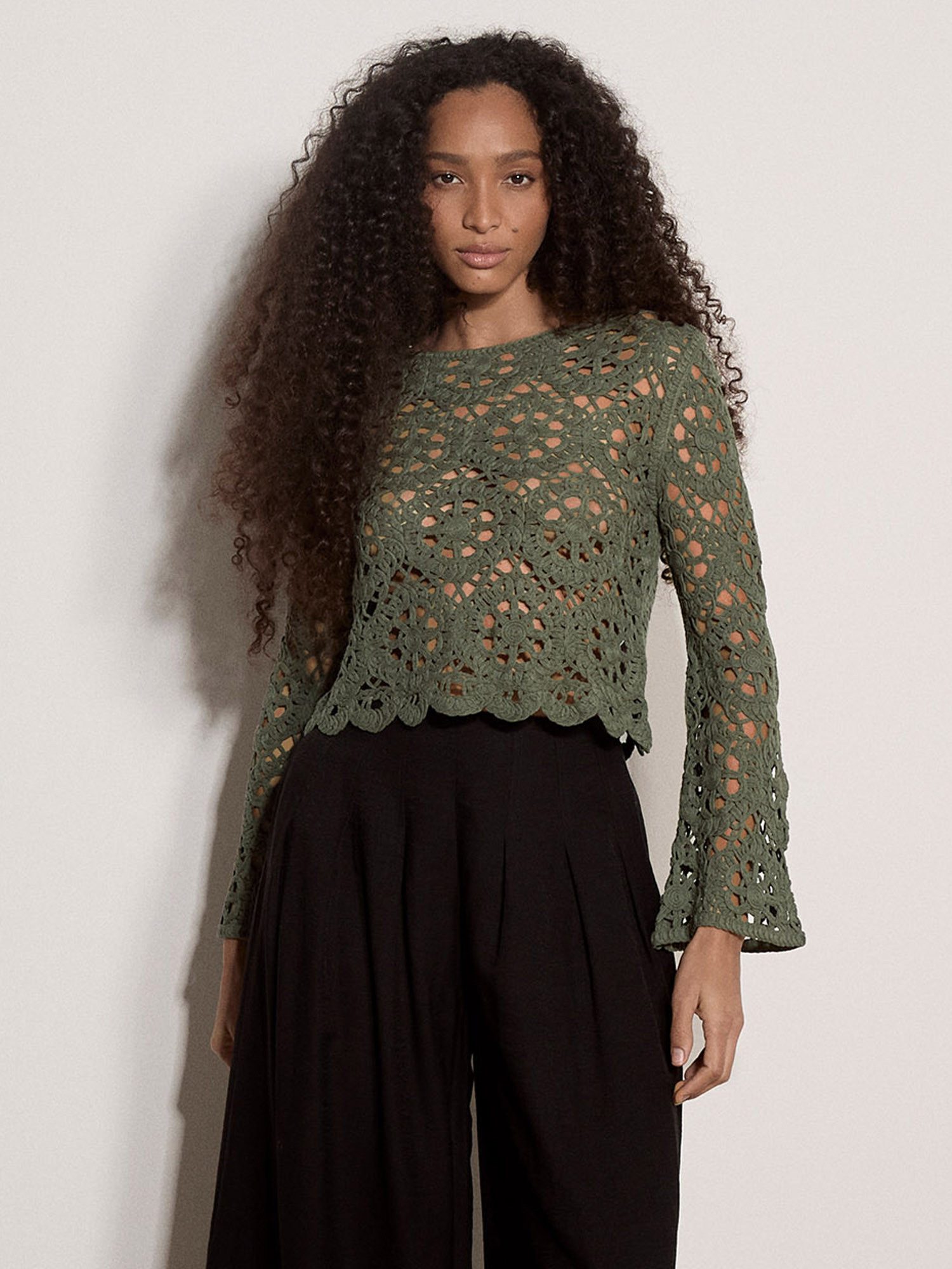 Apricot Spitzenshirt Boho-Häkeloberteil mit Blumenmuster Häkelverzierungen
