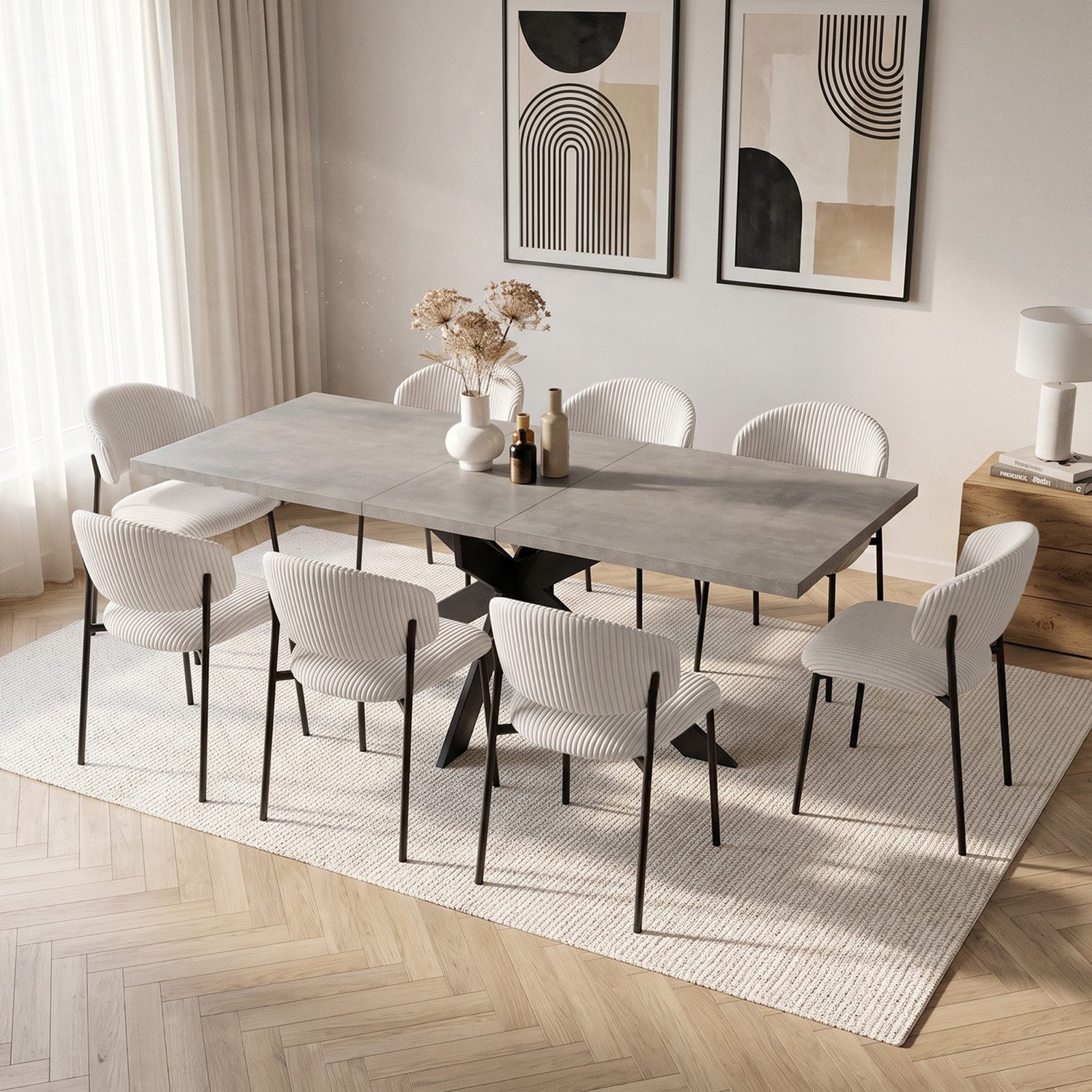 Jiexi Essgruppe Ausziehbarer Esstisch 160-200cm MDF Rhein Set Cord Stühle