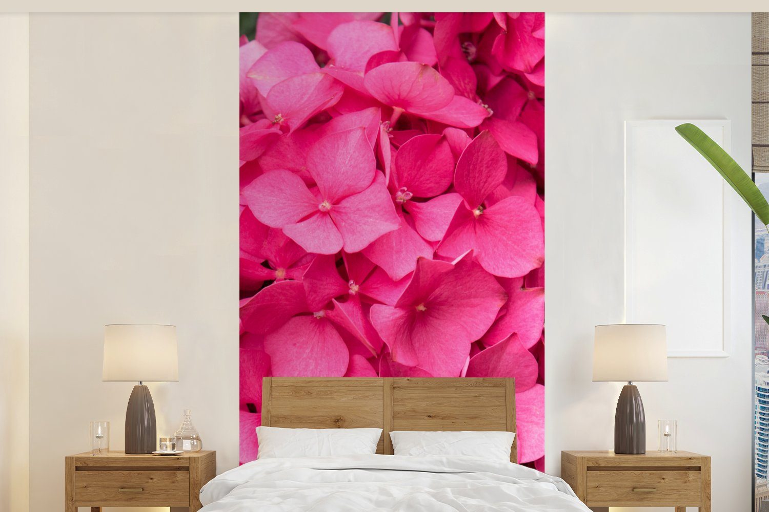 MuchoWow Fototapete Nahaufnahme rosa Hortensienblüten, Matt, bedruckt, (2 St), Vliestapete für Wohnzimmer Schlafzimmer Küche, Fototapete