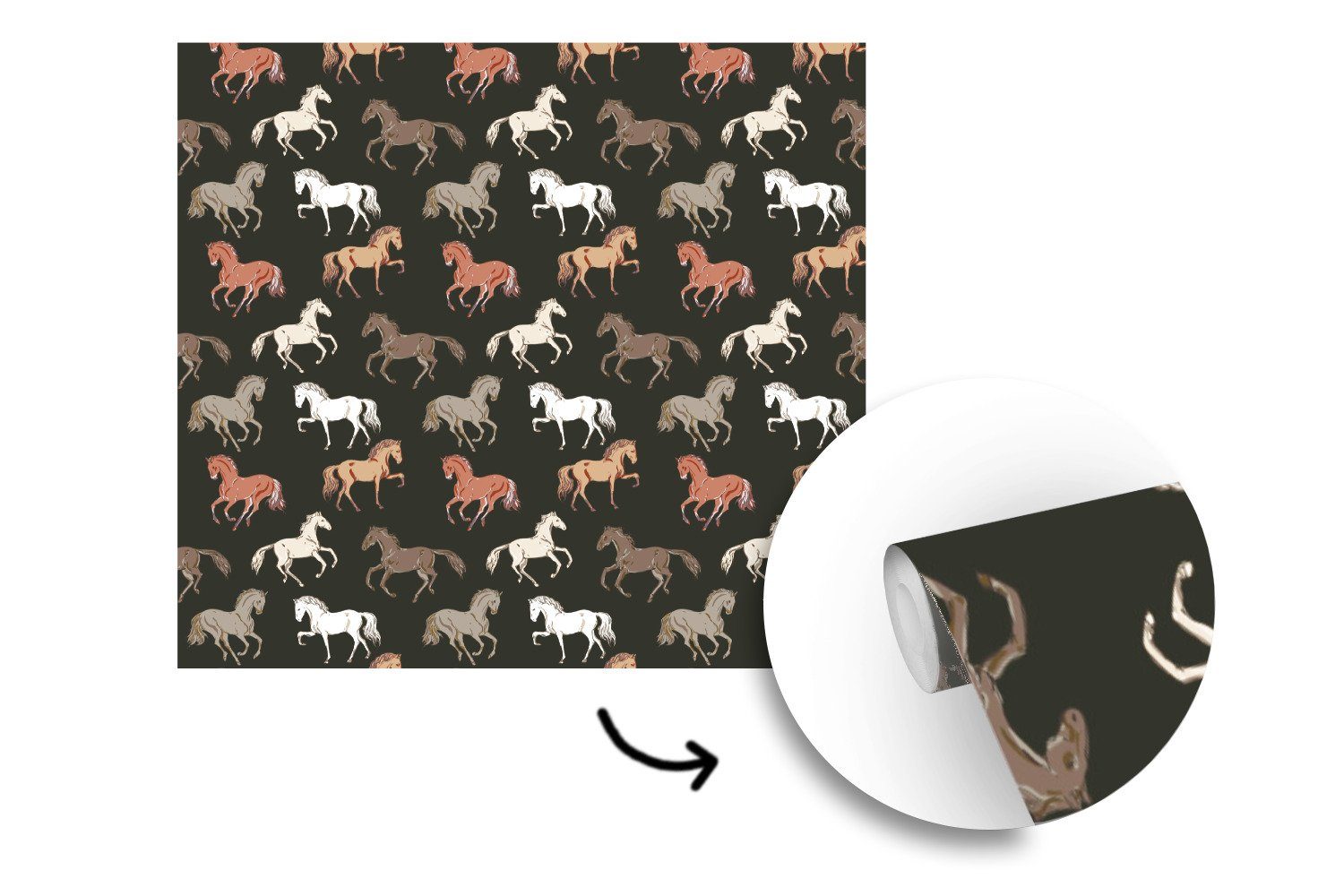 Pferde Vinyl (5 Tapete Muster Wandtapete Wohnzimmer Schwarz Mädchen, Schlafzimmer, - - oder für - Kinder Fototapete Matt, Mädchen bedruckt, - - St), MuchoWow