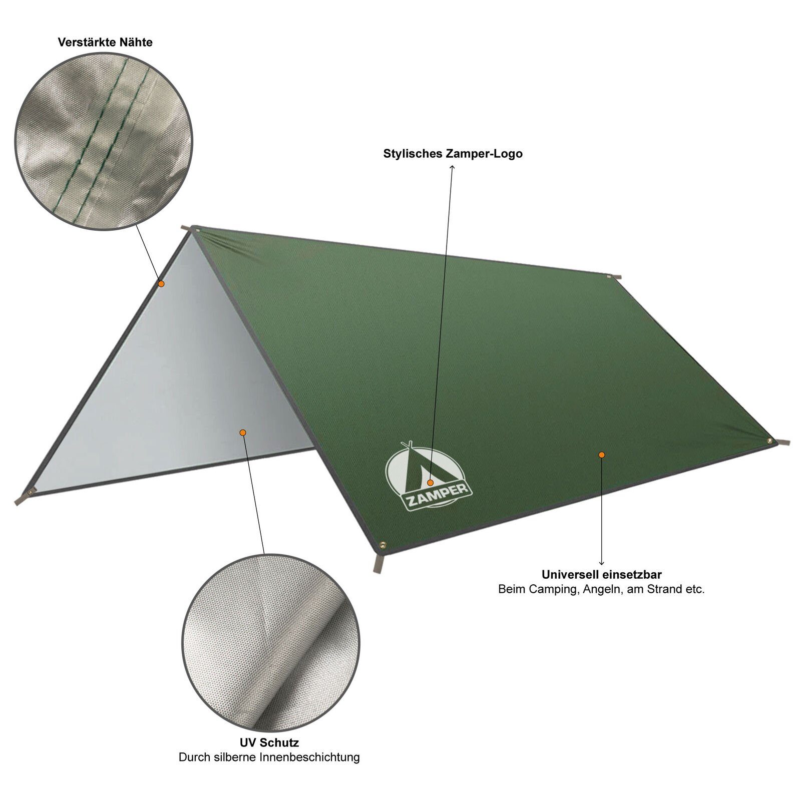 Zamper Tarp-Zelt Tarp Zeltplane 3x3m Wasserdicht – Camping Sonnensegel für Sonnenschutz, Personen: 2 (Zelt-Planen Set mit 6 Heringen und Abspannseilen), Wasserd – Bild 4 von 5