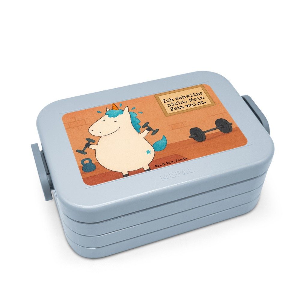 Mr. & Mrs. Panda Butterdose Einhorn Fitness Design, Bento Box, Blau Pastell, Bentobox, Pumpen, Un, Polypropylen lebensmittelecht, (Packung), Einhorn Frischhaltedose Einhörner