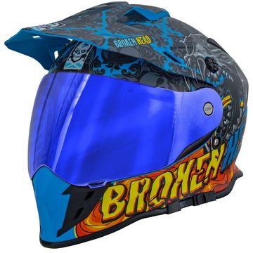 Broken Head Motorradhelm Broken Head Tigris VX2 Endurohelm + Blau Verspiegeltes Visier (MIRROR SET, inklusive blauem verspiegelten und klarem Visier), integrierte Sonnenblende