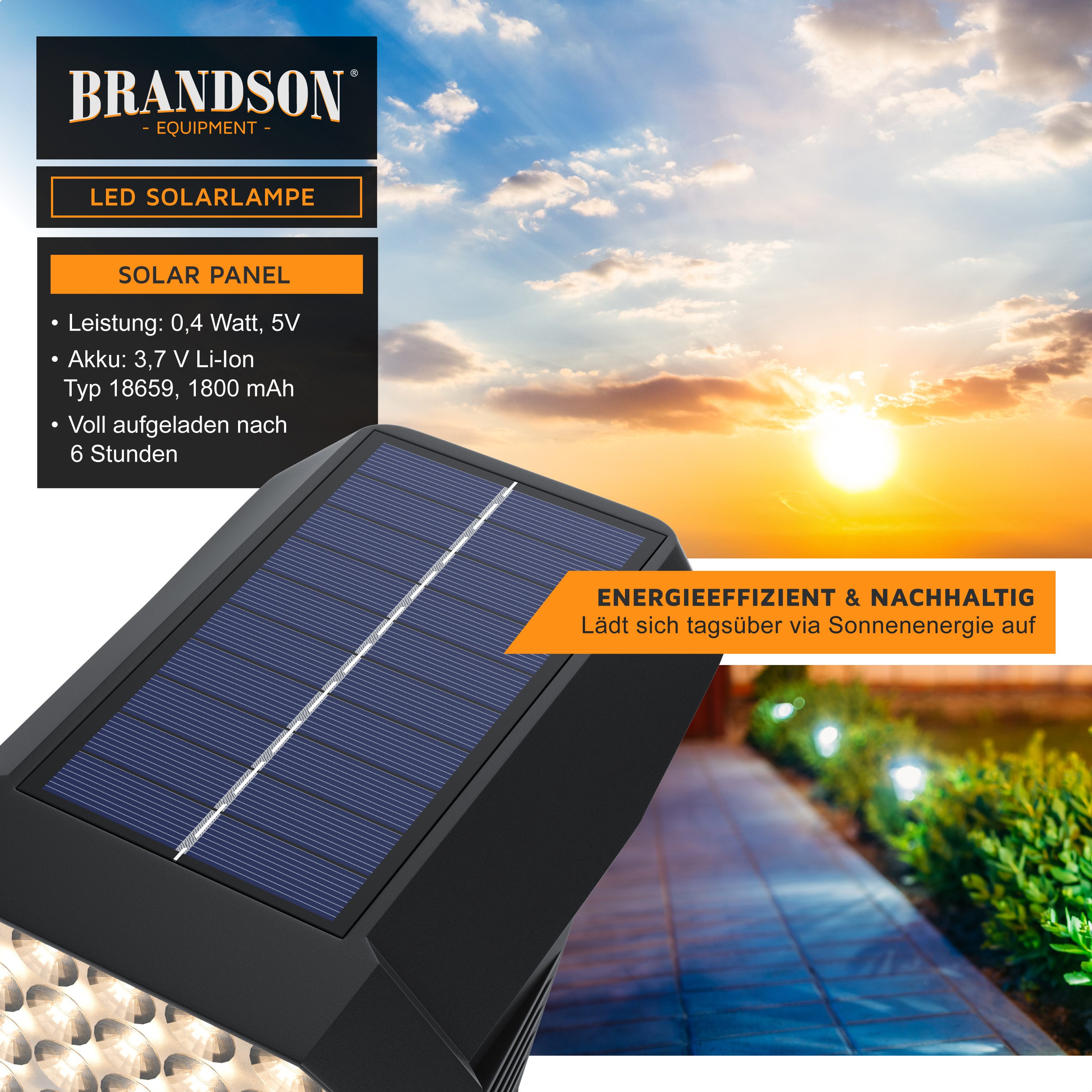 Brandson LED Gartenstrahler Solar Erdspießleuchte, Akku Gartenleuchte, Solarspotlight Wandmontage, Ein-/Ausschalter; mehrere Helligkeitsstufen, LED fest integriert, Warmweiß, Solarstrahler 80 Lumen, Solarleuchte warnweiß, für Garten, Balkon IP65