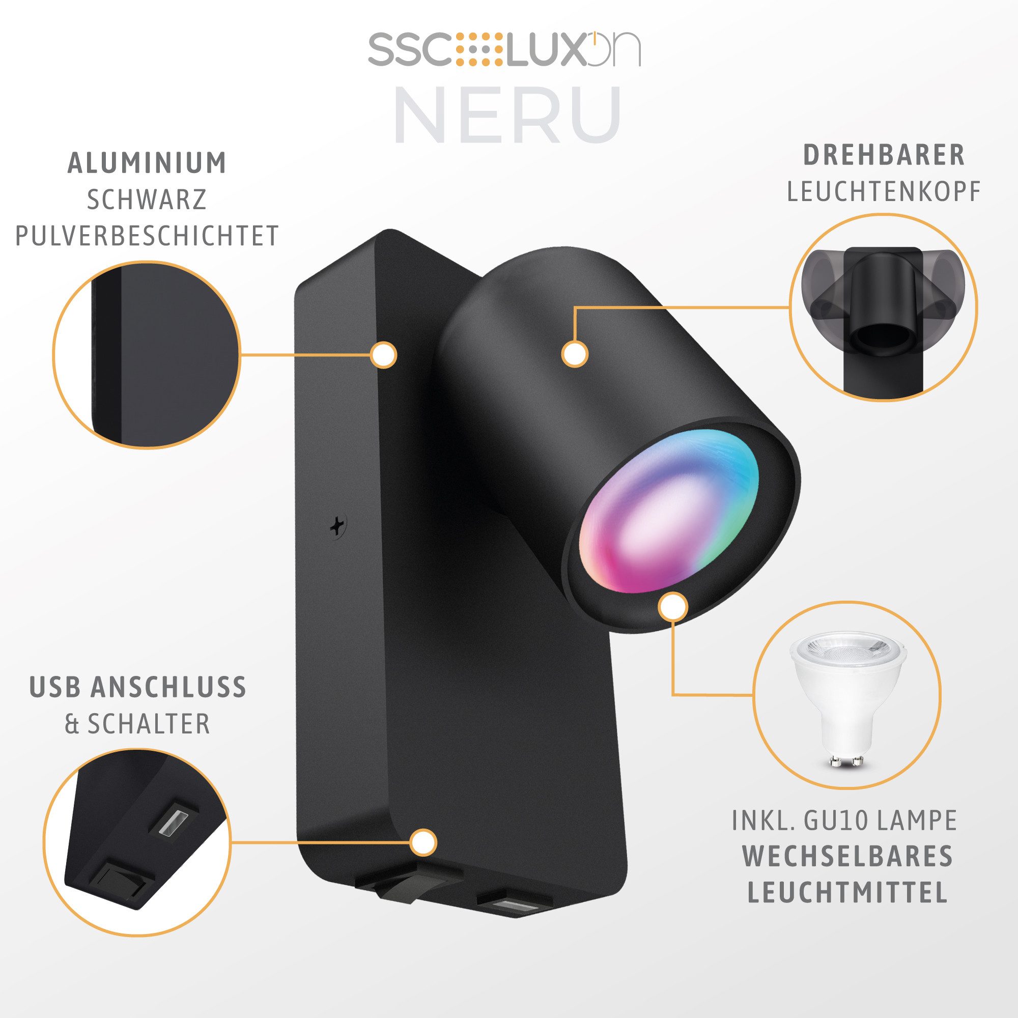 SSC-LUXon LED Wandleuchte Wandleuchte NERU schwarz mit USB Schalter Smart GU10 LED 5W, Smart