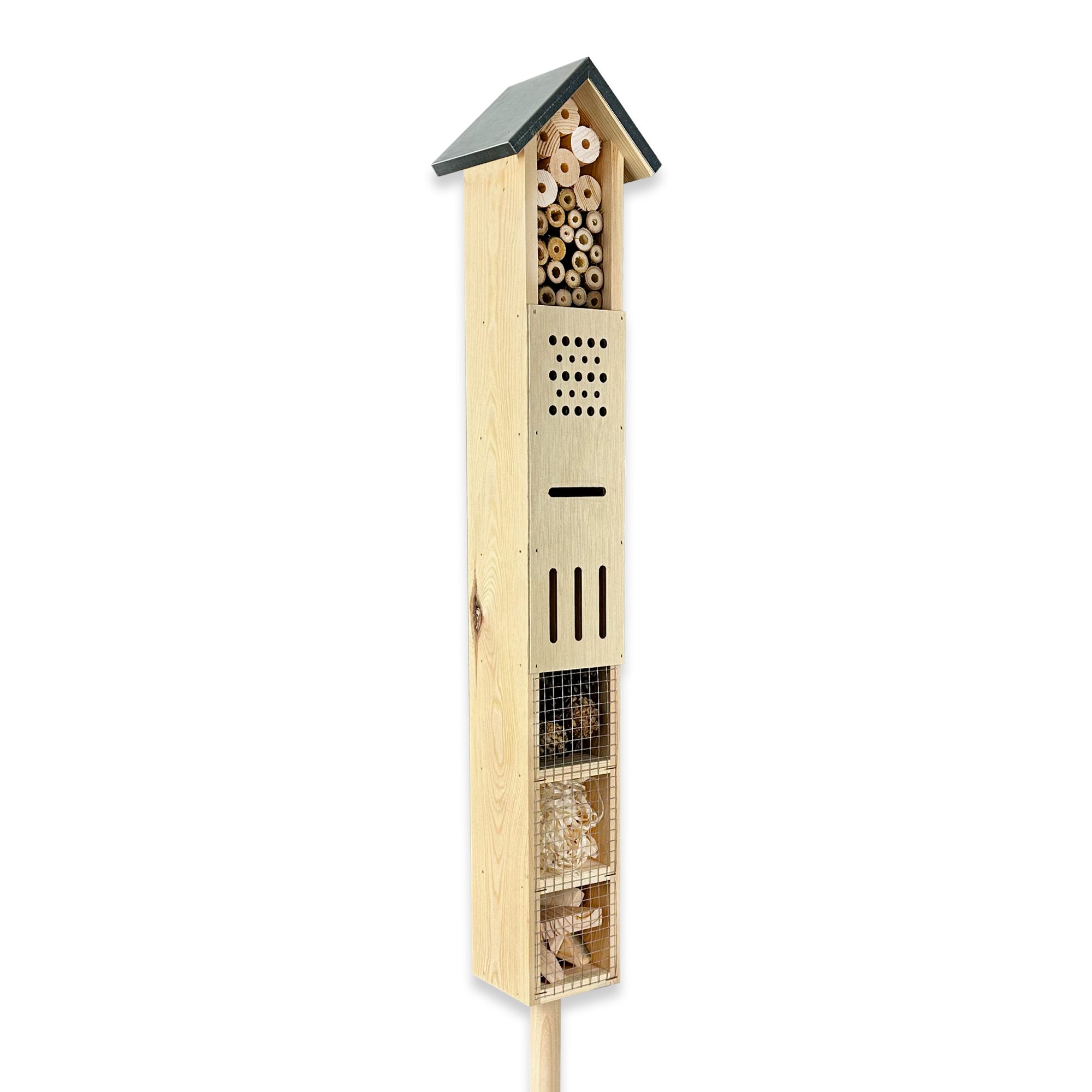 gartenetage Insektenhotel Freistehendes Insektenhotel aus Holz, (mit Erdspieß), Ideal für Wildbienen & Co – Wetterfest mit Bambus und Metalldach